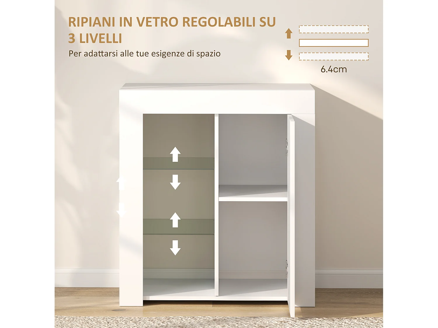 Mobile contenitore a led con 3 ripiani aperti e armadietto bianco