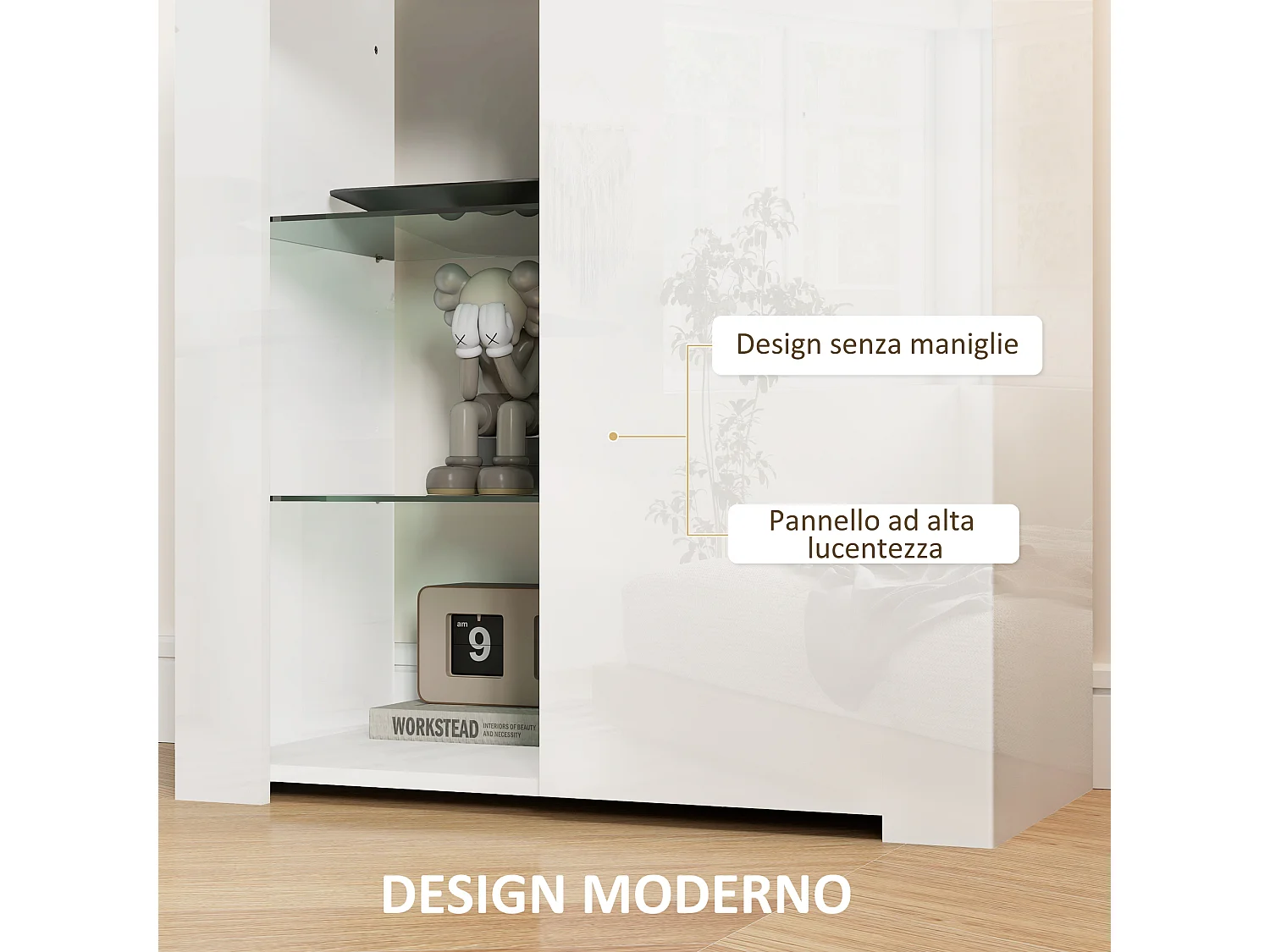 Mobile contenitore a led con 3 ripiani aperti e armadietto bianco