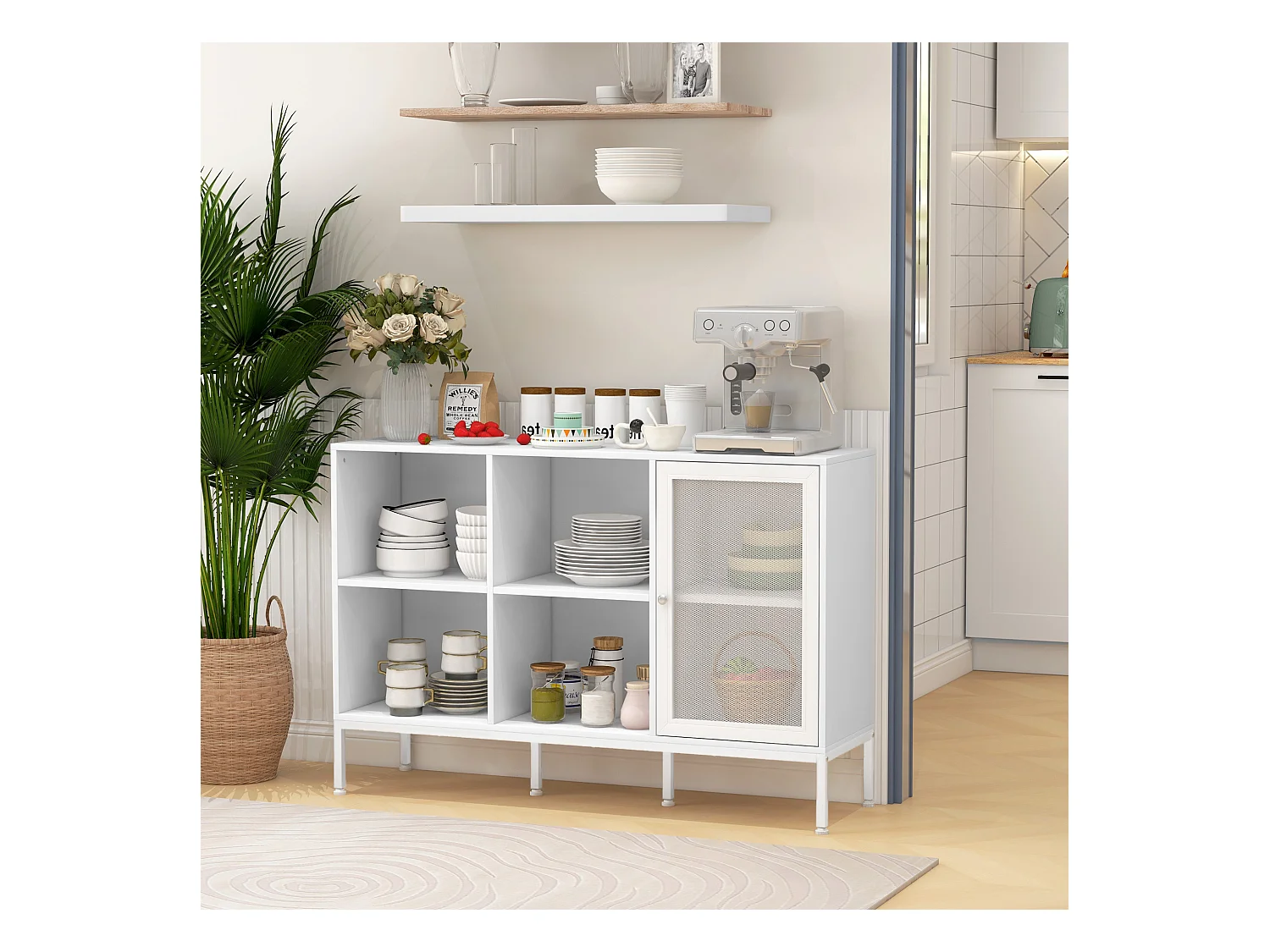 Mobile buffet a 4 ripiani e armadietto in truciolato e acciaio bianco