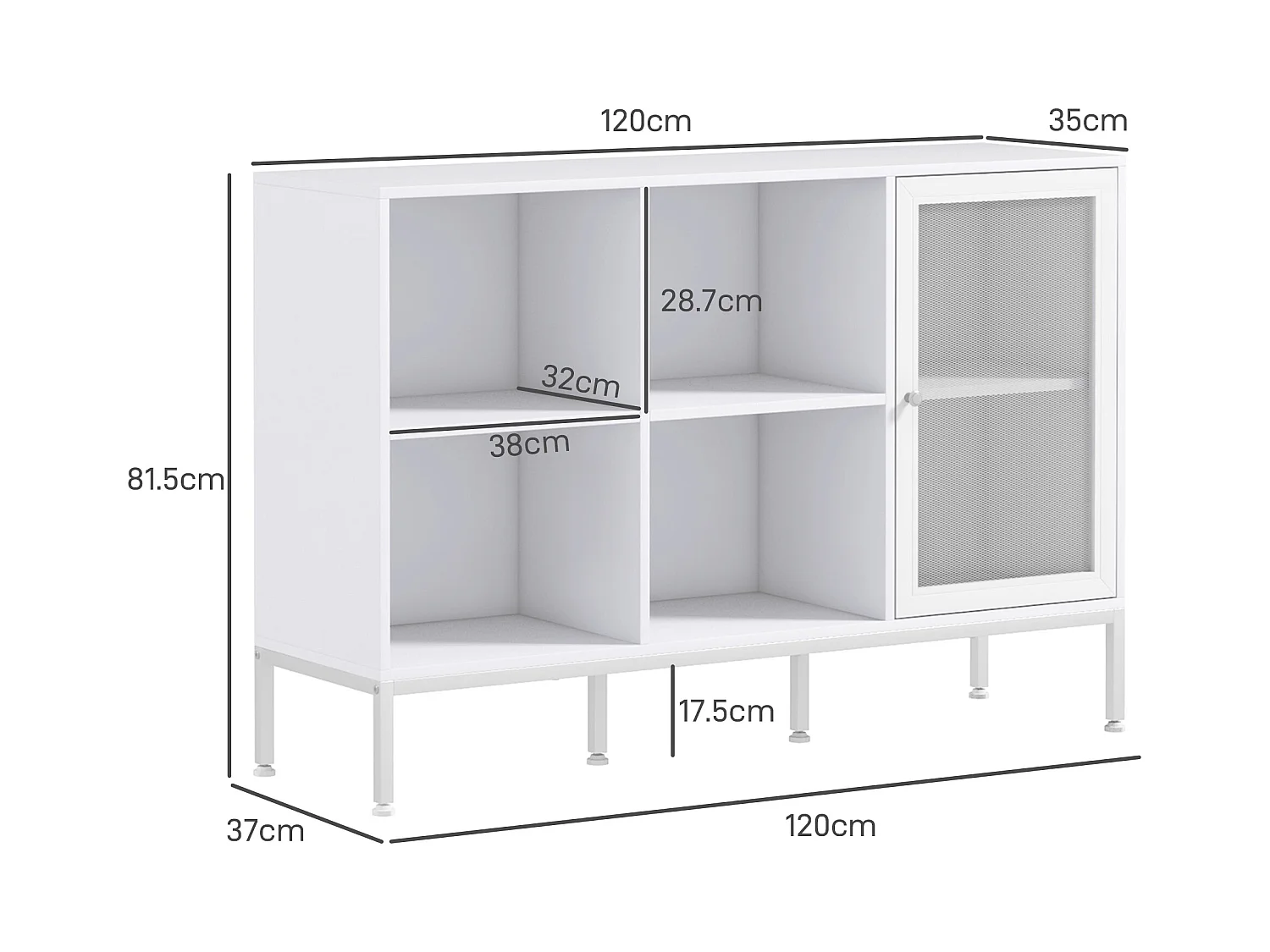 Mobile buffet a 4 ripiani e armadietto in truciolato e acciaio bianco