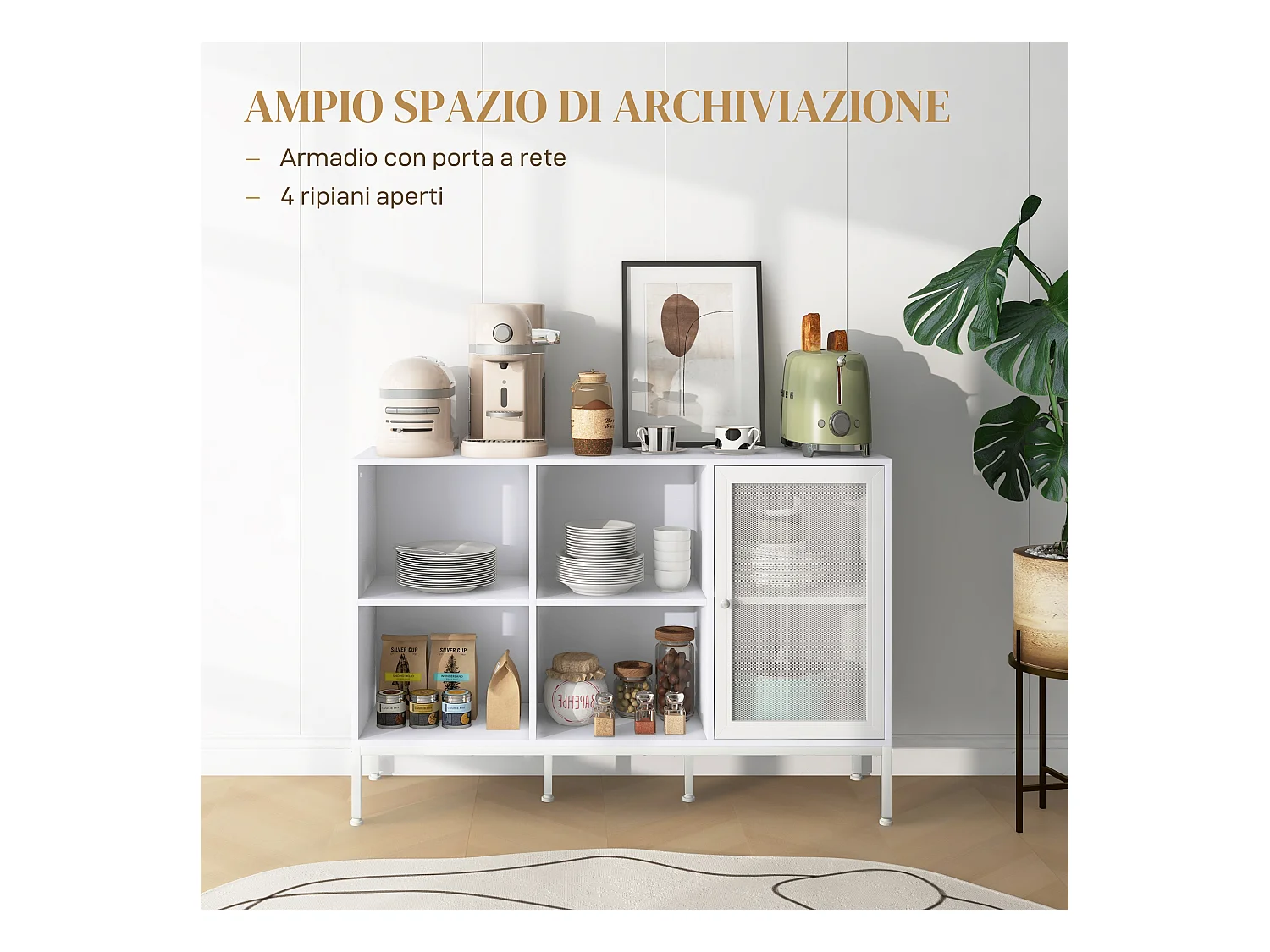 Mobile buffet a 4 ripiani e armadietto in truciolato e acciaio bianco