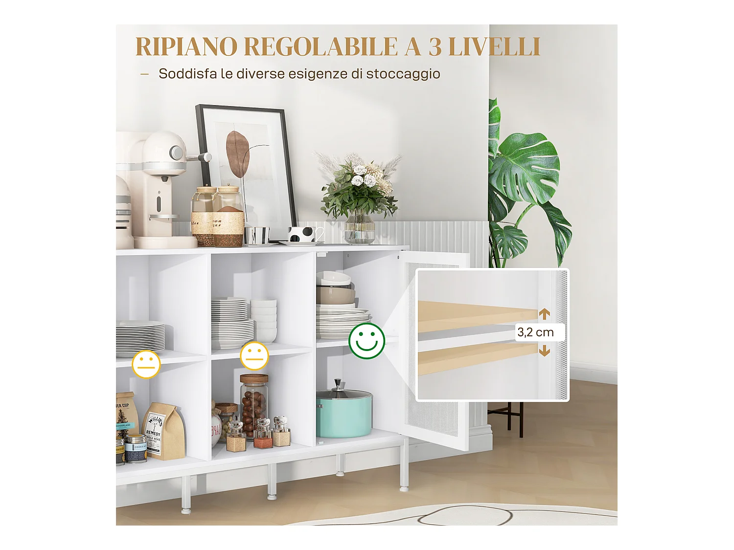 Mobile buffet a 4 ripiani e armadietto in truciolato e acciaio bianco