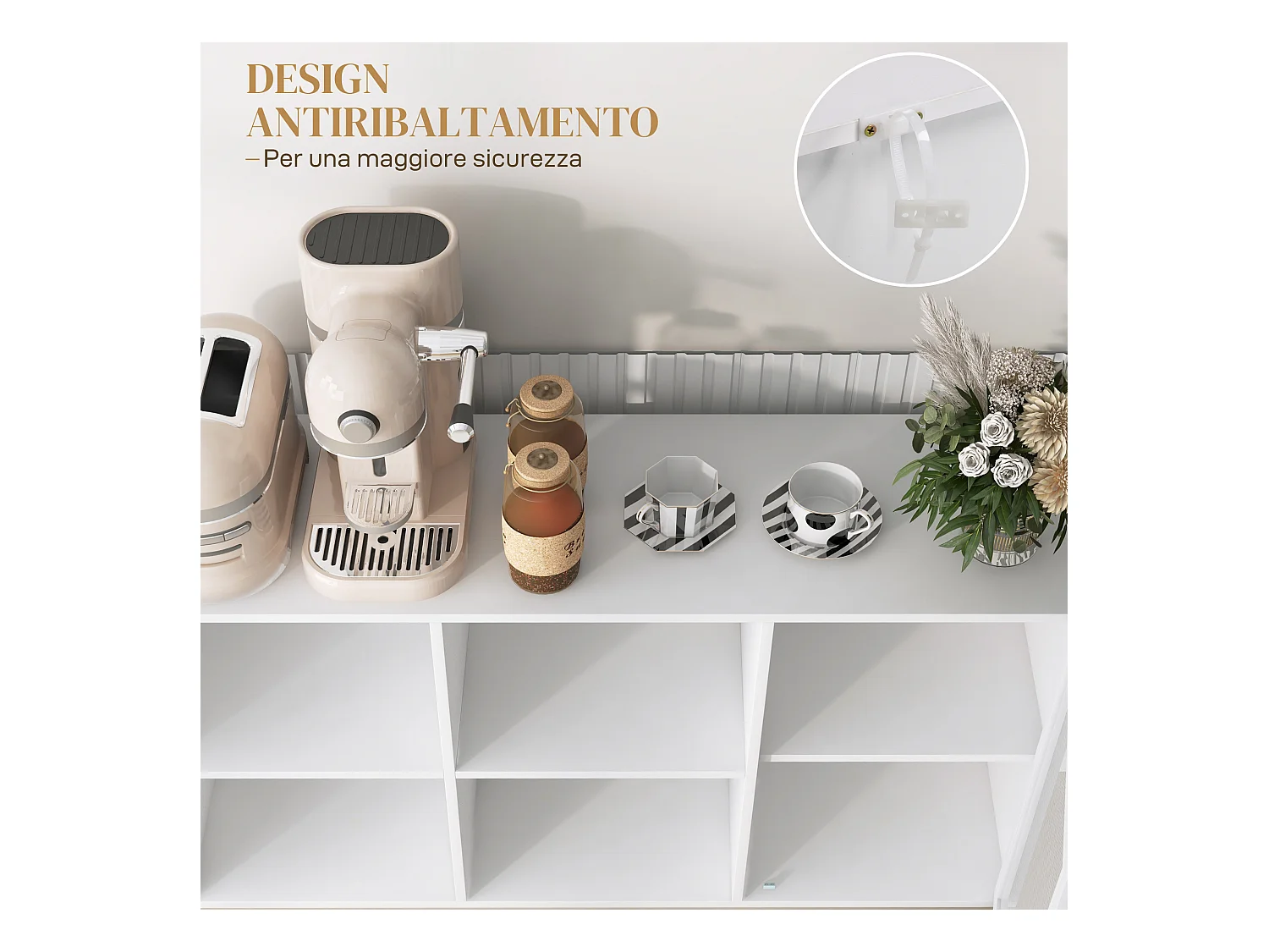 Mobile buffet a 4 ripiani e armadietto in truciolato e acciaio bianco