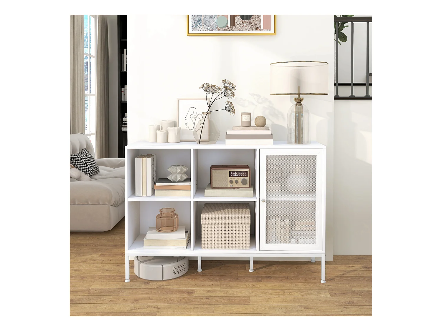 Mobile buffet a 4 ripiani e armadietto in truciolato e acciaio bianco