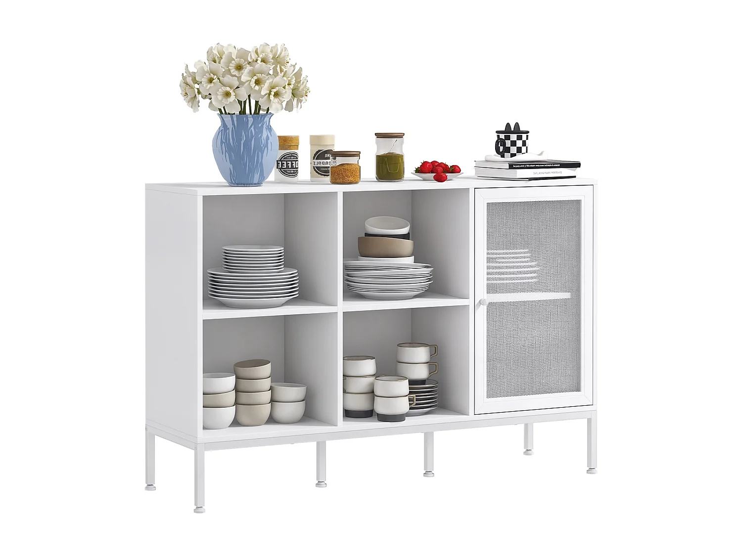 Mobile buffet a 4 ripiani e armadietto in truciolato e acciaio bianco