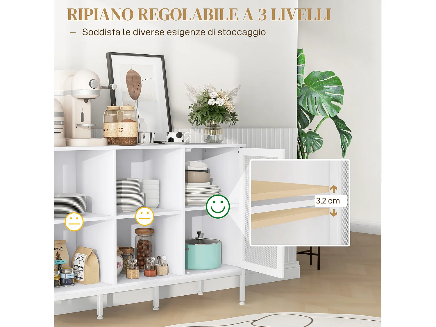 Mobile buffet a 4 ripiani e armadietto in truciolato e acciaio bianco