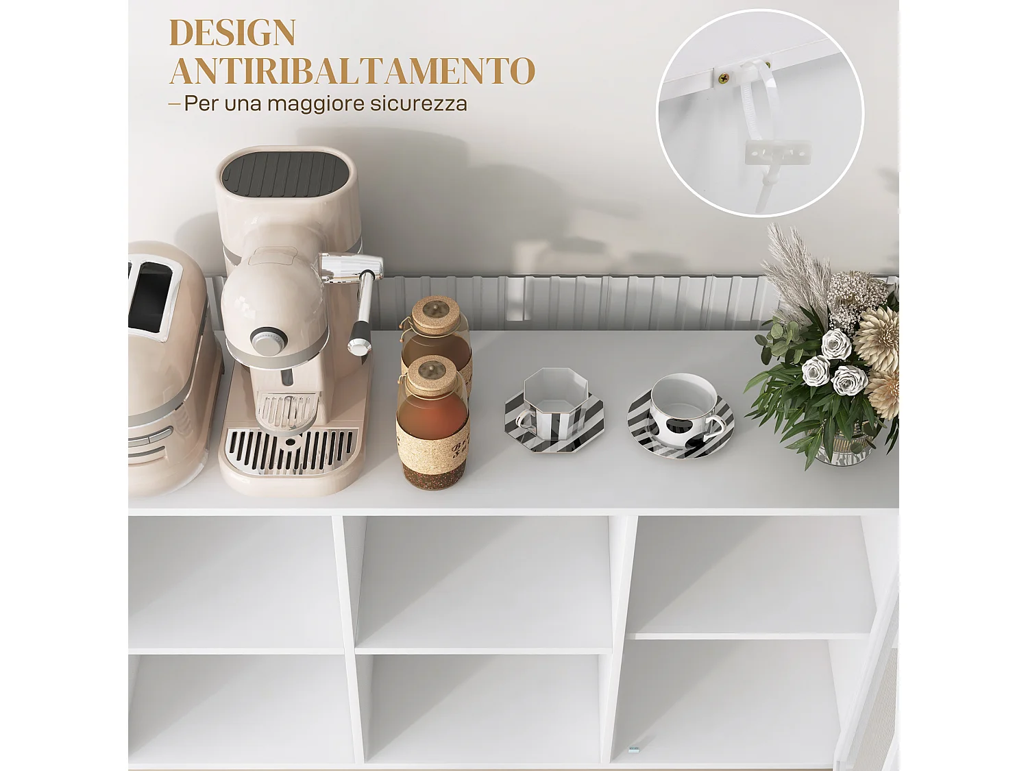 Mobile buffet a 4 ripiani e armadietto in truciolato e acciaio bianco