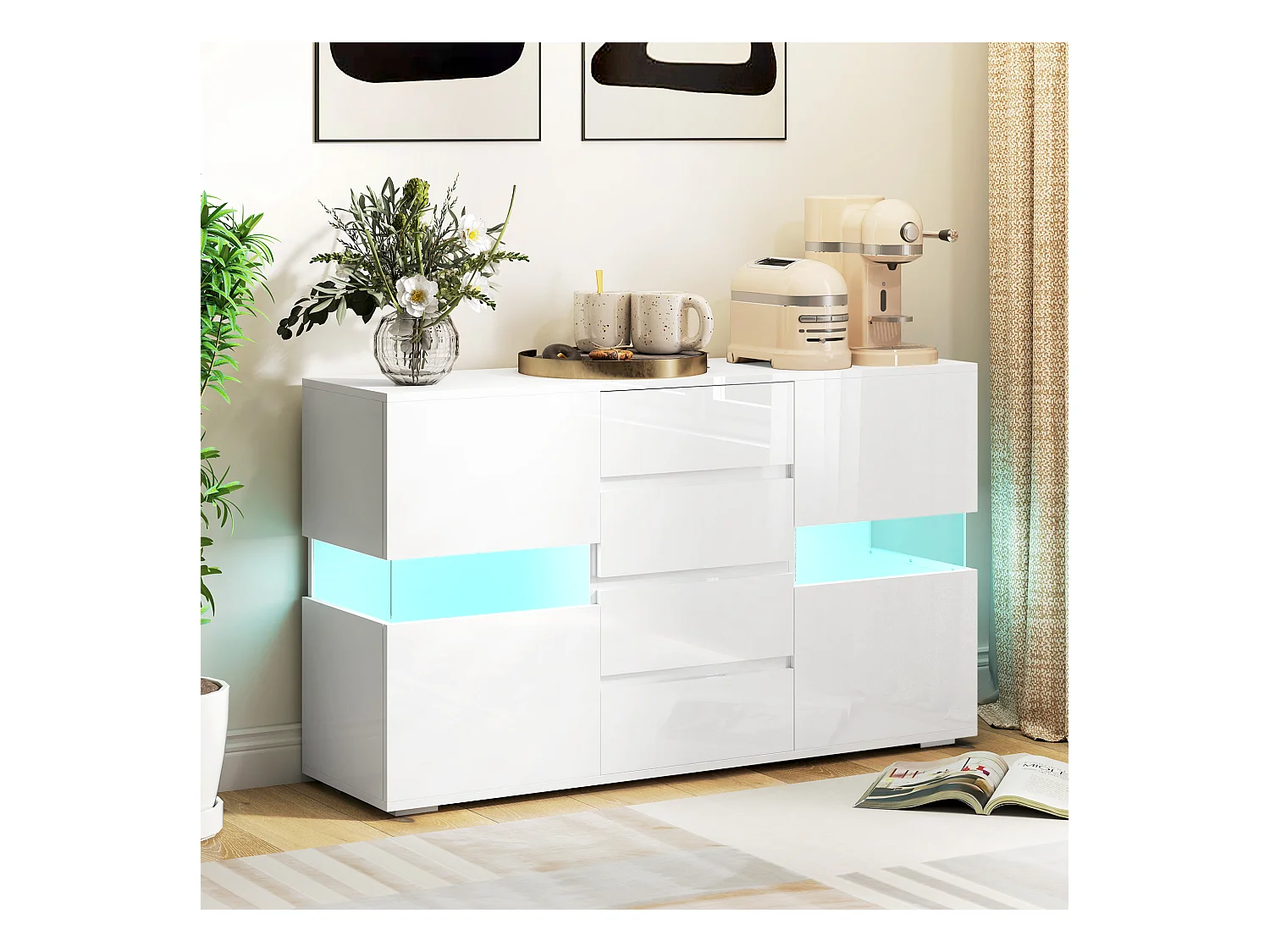 Credenza moderna con luce led regolabile 4 cassetti e 2 armadietti