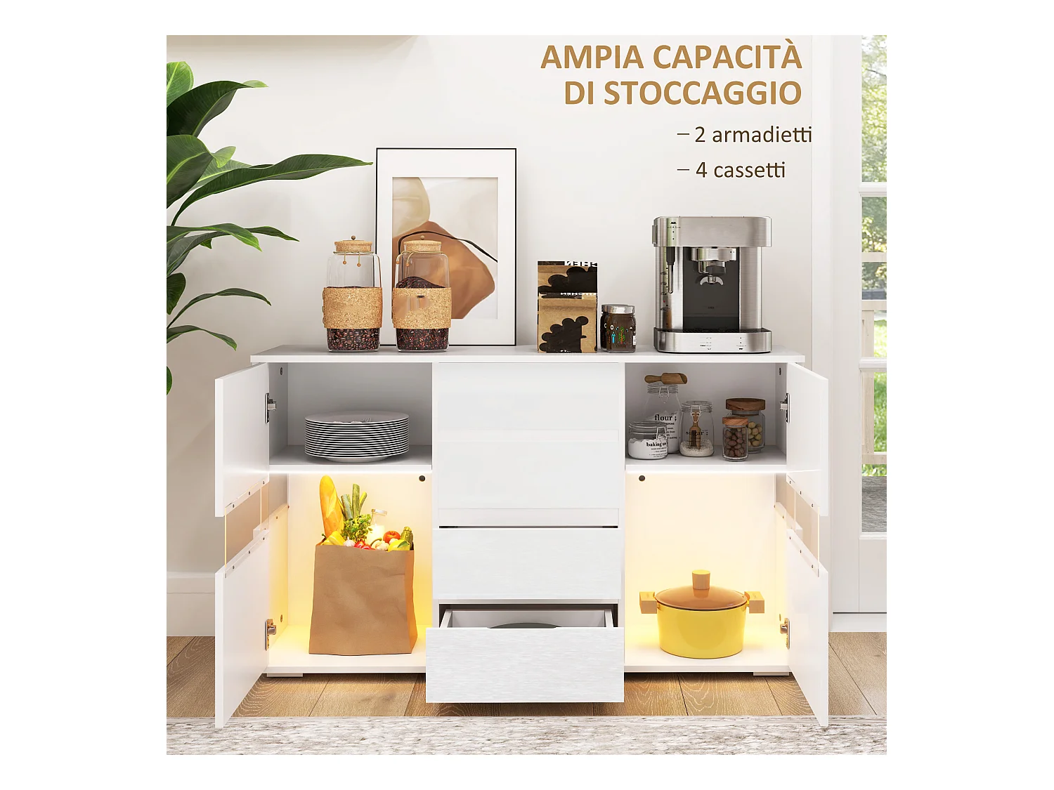 Credenza moderna con luce led regolabile 4 cassetti e 2 armadietti