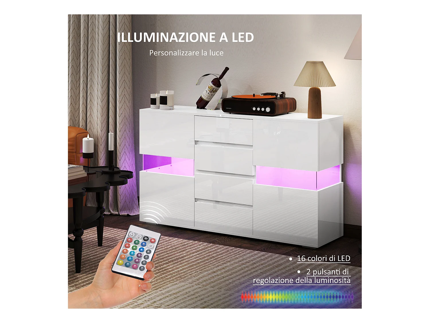 Credenza moderna con luce led regolabile 4 cassetti e 2 armadietti