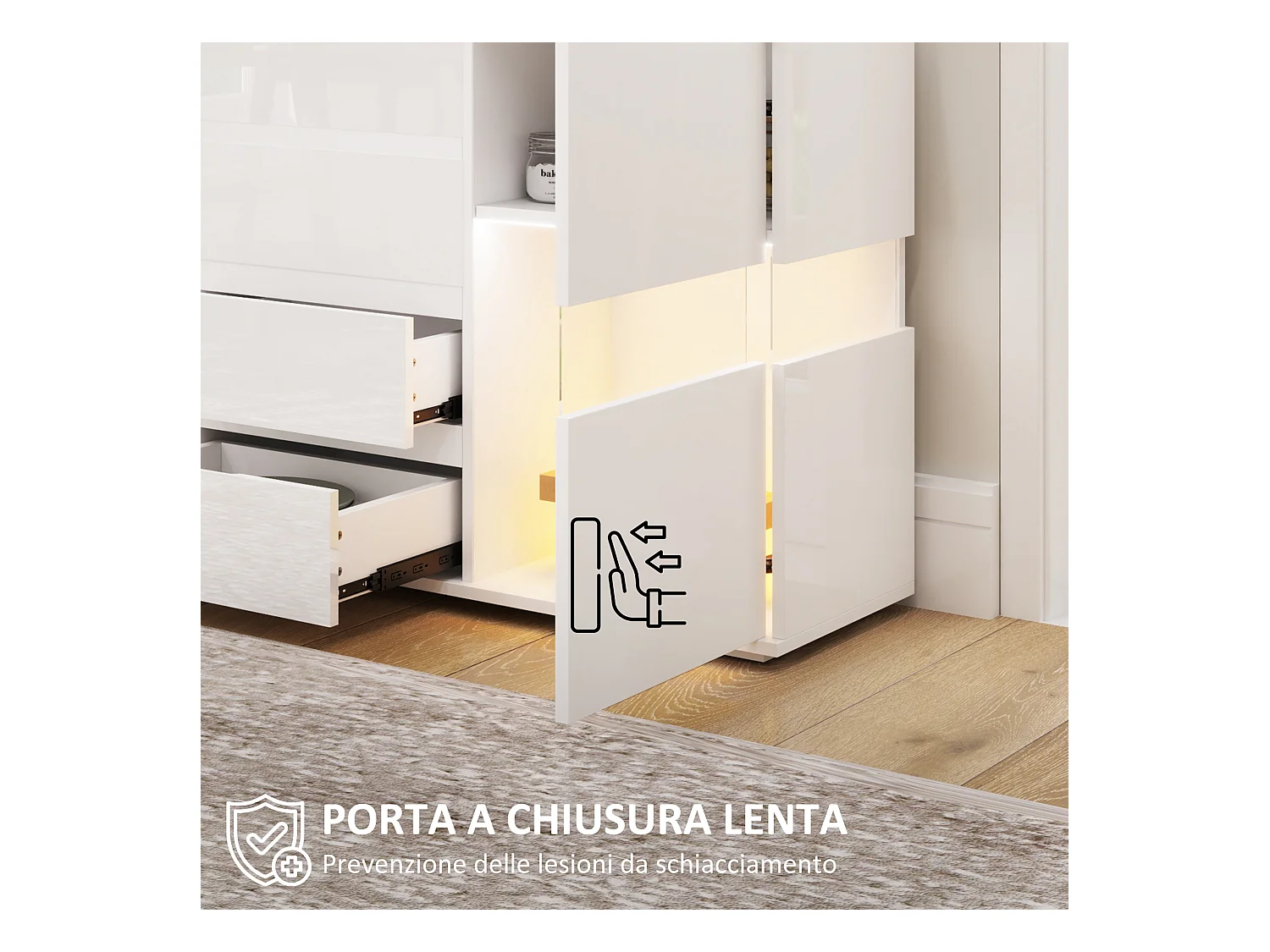 Credenza moderna con luce led regolabile 4 cassetti e 2 armadietti