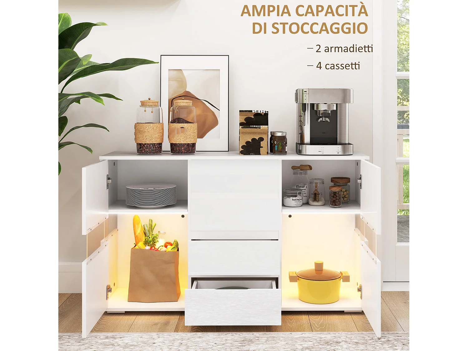 Credenza moderna con luce led regolabile 4 cassetti e 2 armadietti