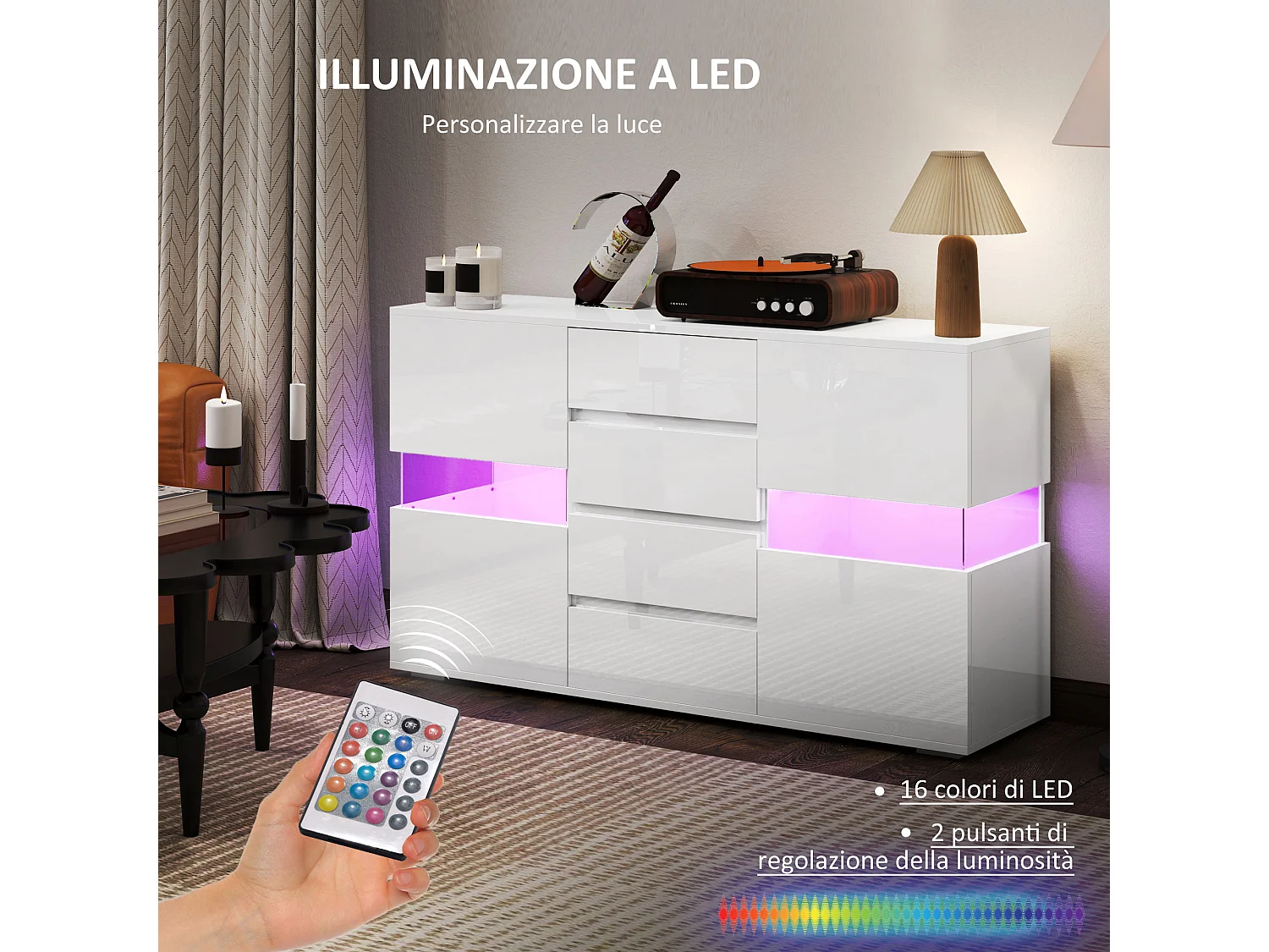 Credenza moderna con luce led regolabile 4 cassetti e 2 armadietti