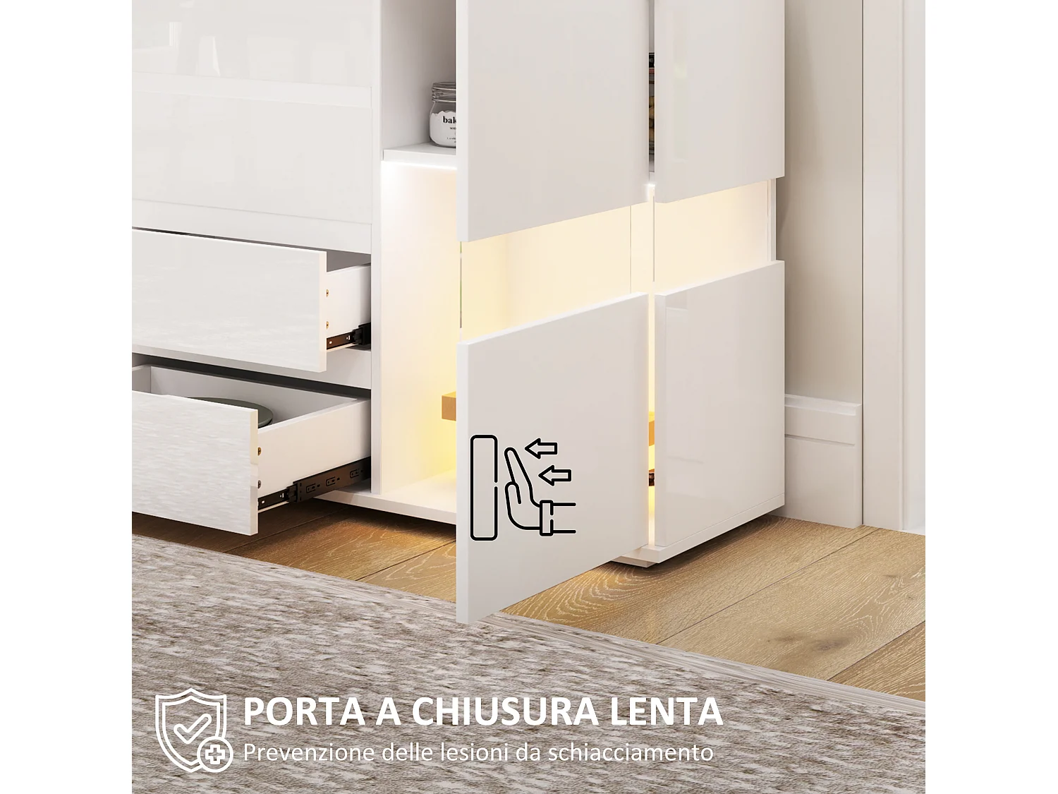 Credenza moderna con luce led regolabile 4 cassetti e 2 armadietti