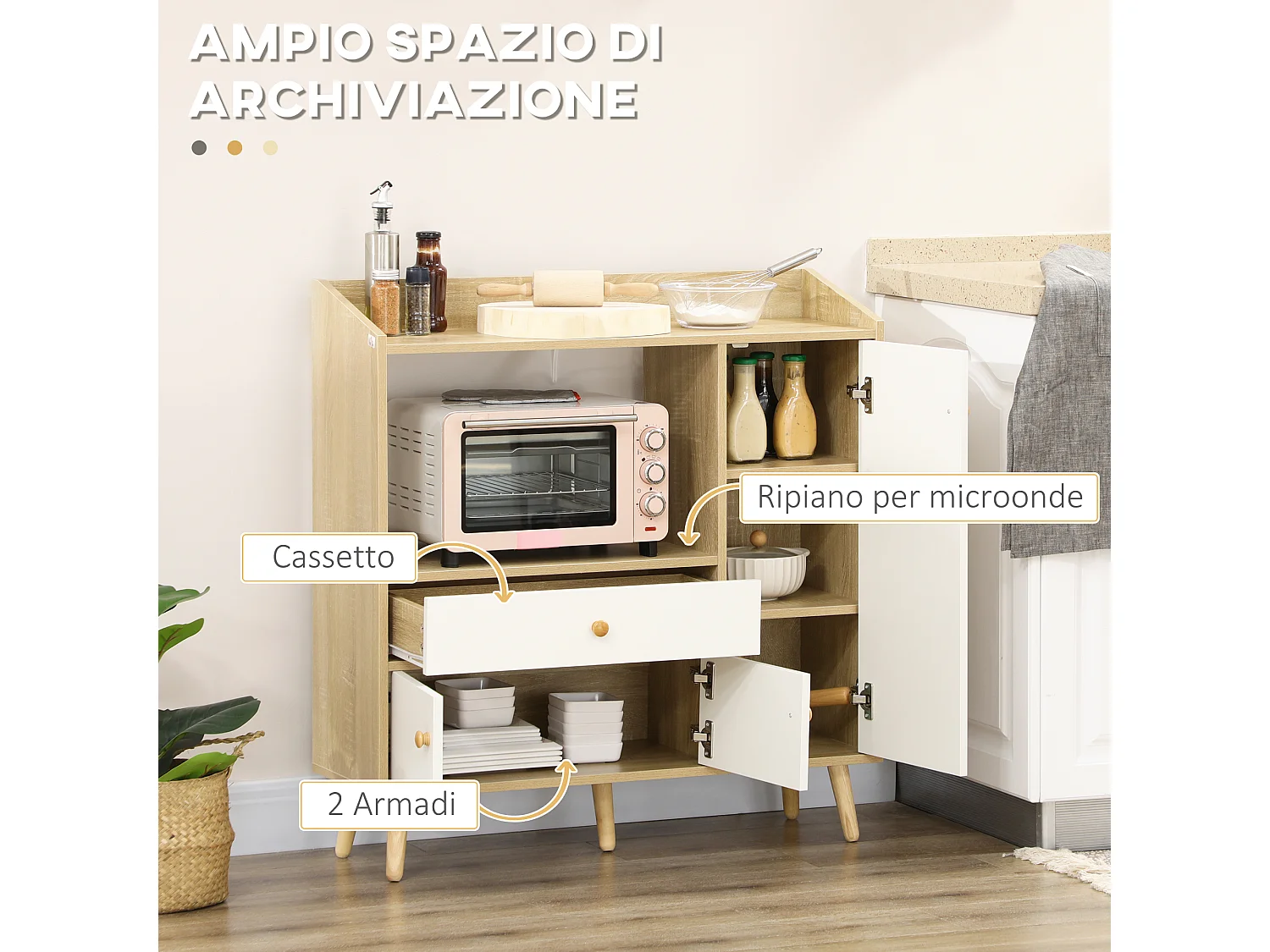 Mobile per microonde 2 armadietti e cassetto 90x30x94cm bianco
