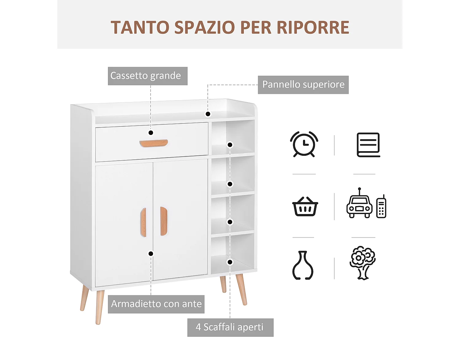 Armadietto cassettiera salvaspazio con 4 cesti 80x29.5x96 cm bianco