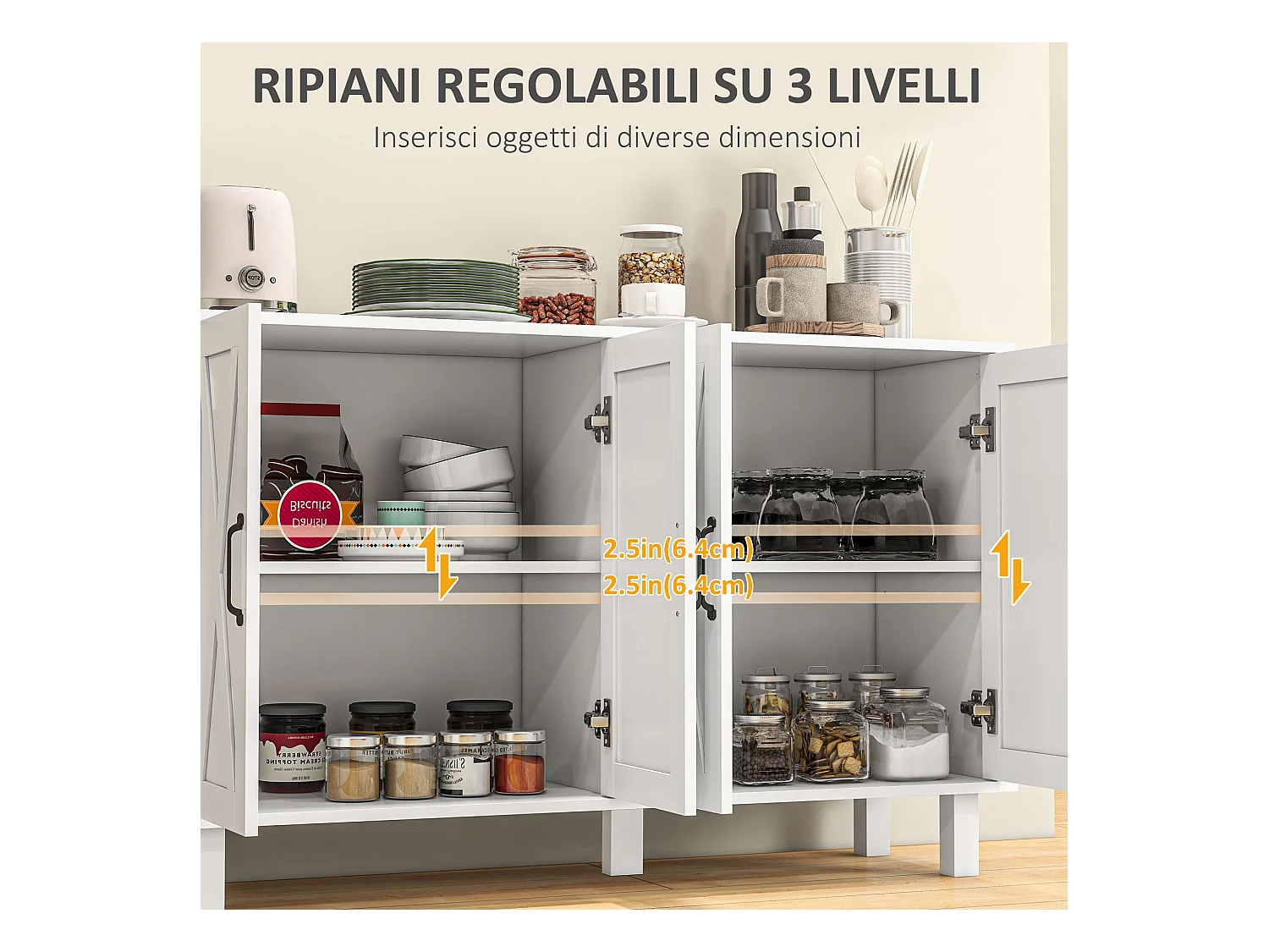 Mobile multiuso in mdf 4 livelli per soggiorno e cucina bianco