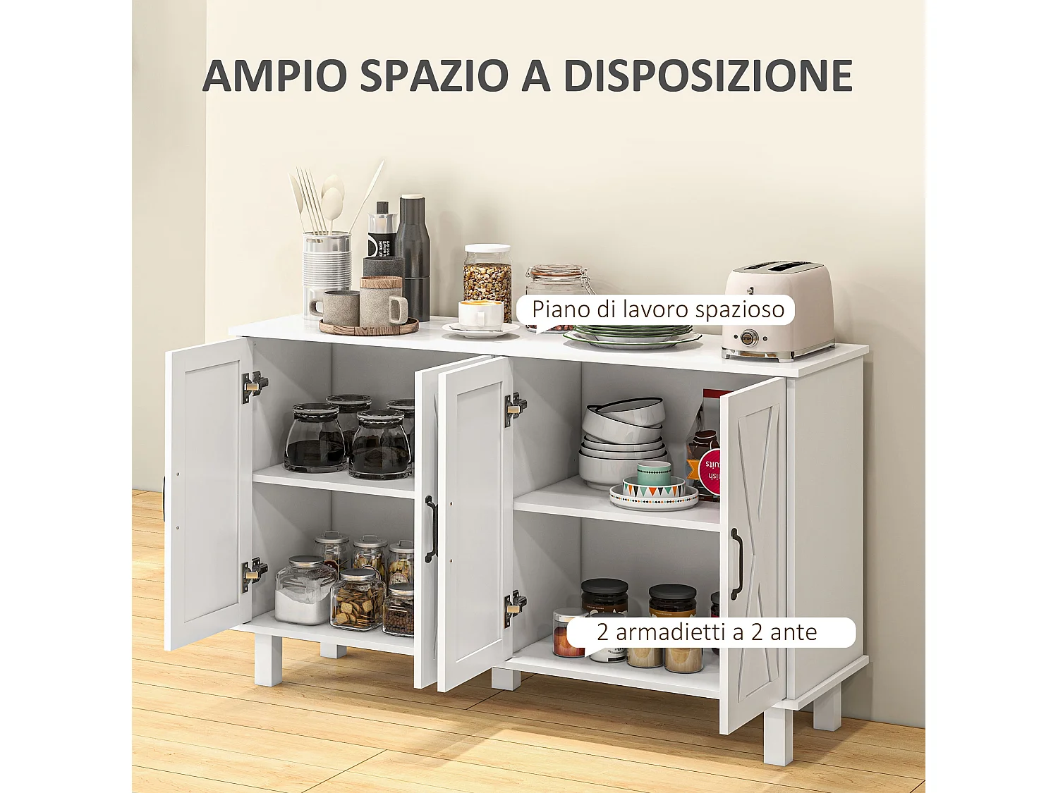 Mobile multiuso in mdf 4 livelli per soggiorno e cucina bianco