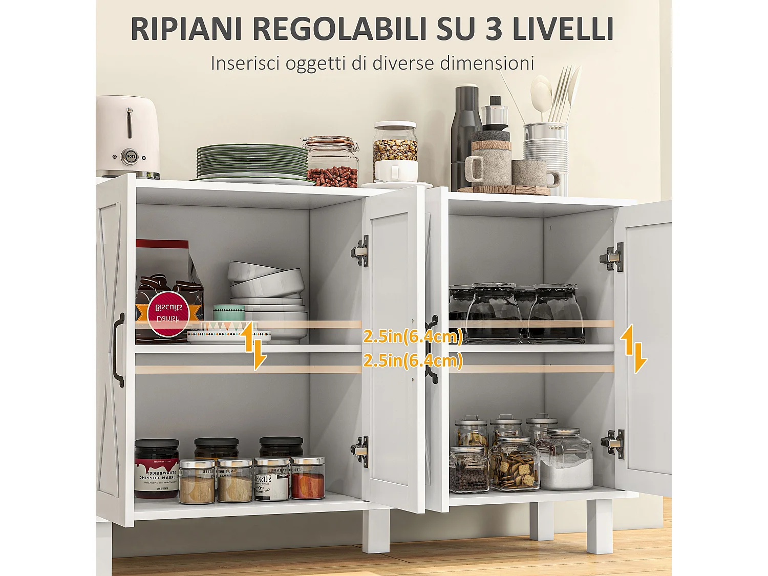 Mobile multiuso in mdf 4 livelli per soggiorno e cucina bianco