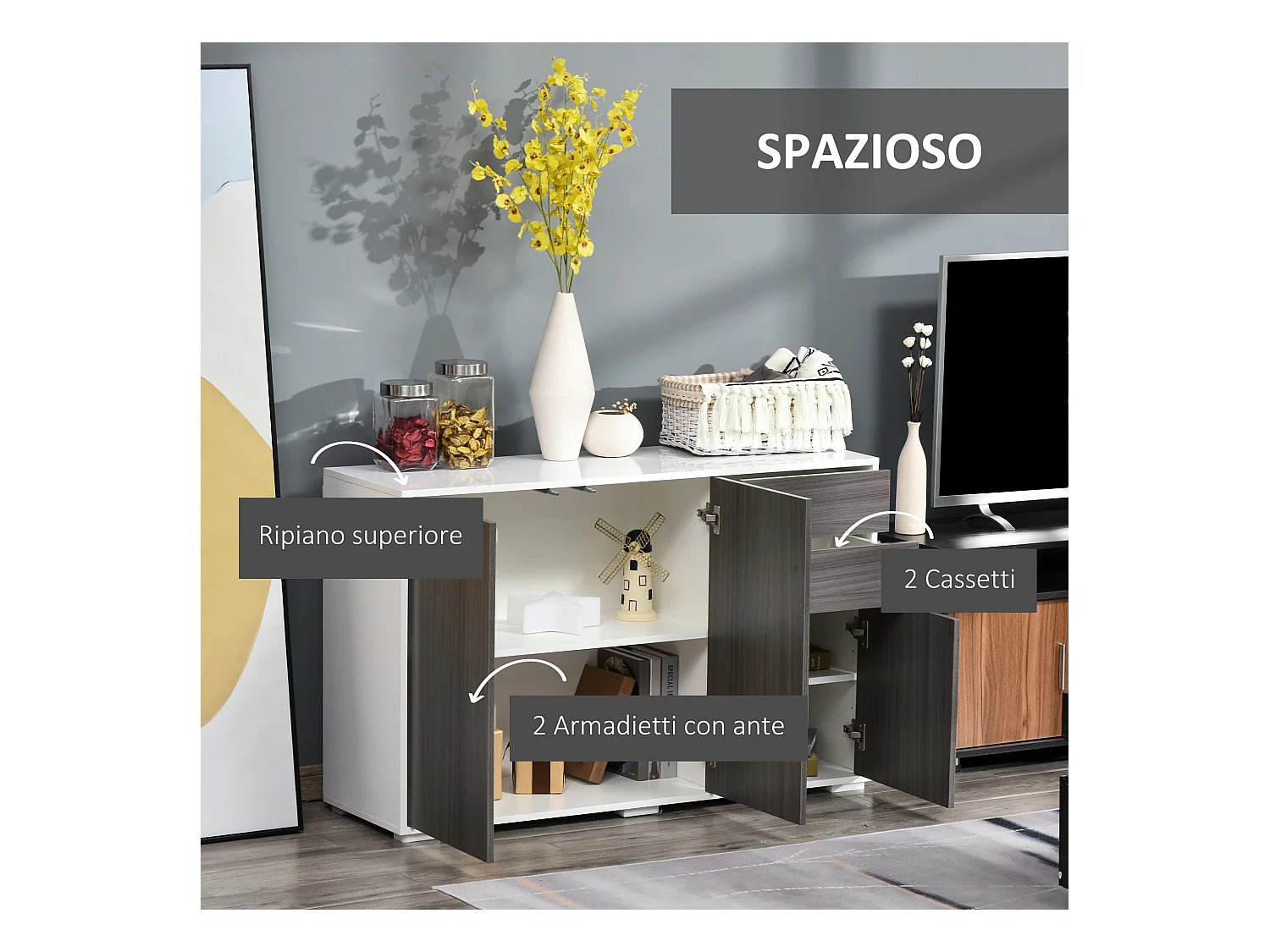 Mobiletto multiuso 2 cassetti 2 armadietti apertura a pressione