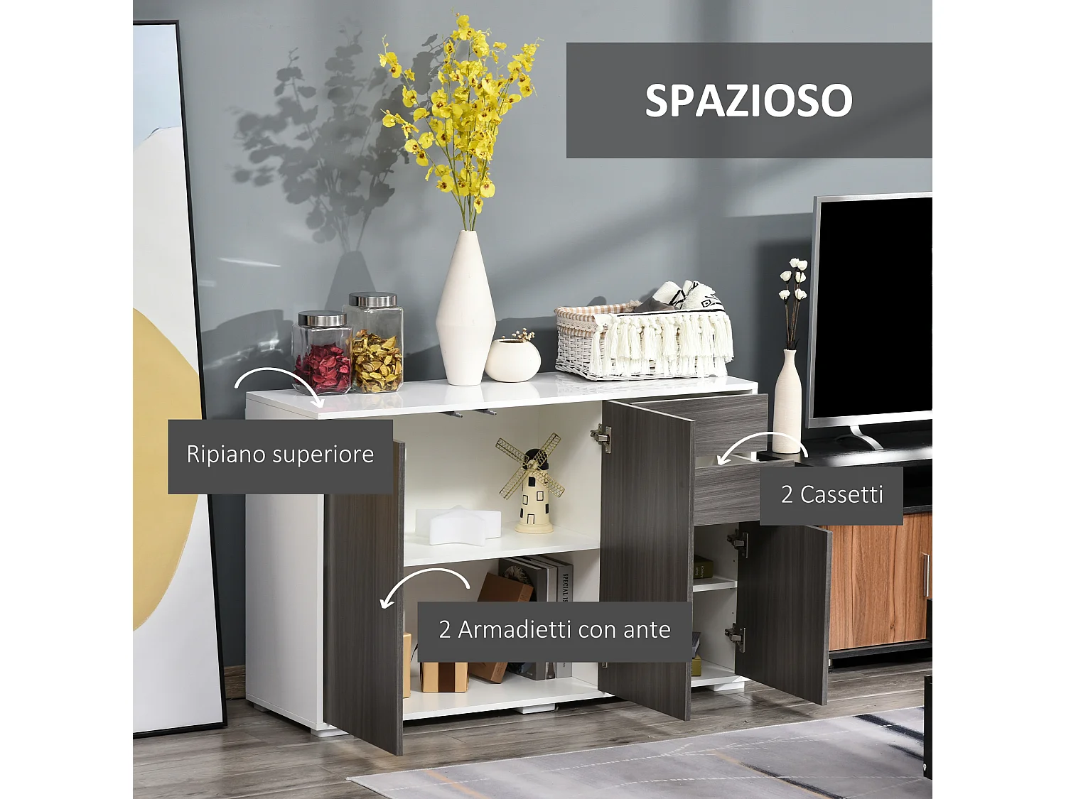 Mobiletto multiuso 2 cassetti 2 armadietti apertura a pressione