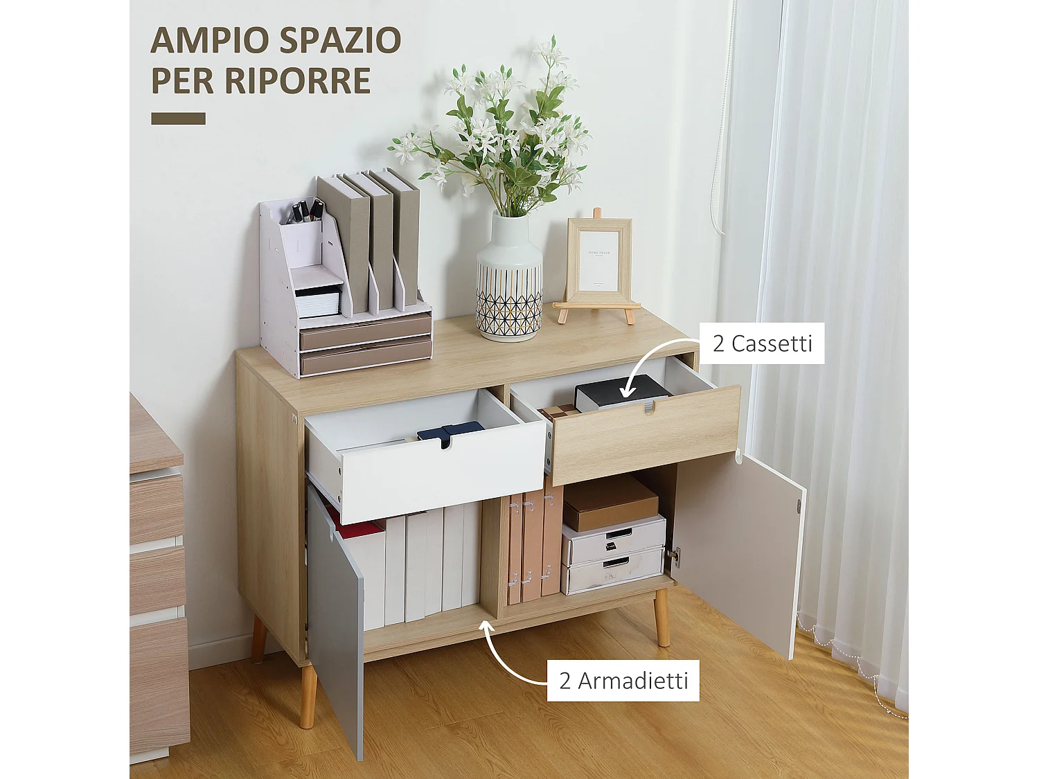 Mobile multiuso stile nordico 2 ante e 2 cassetti 100x40x79.5cm