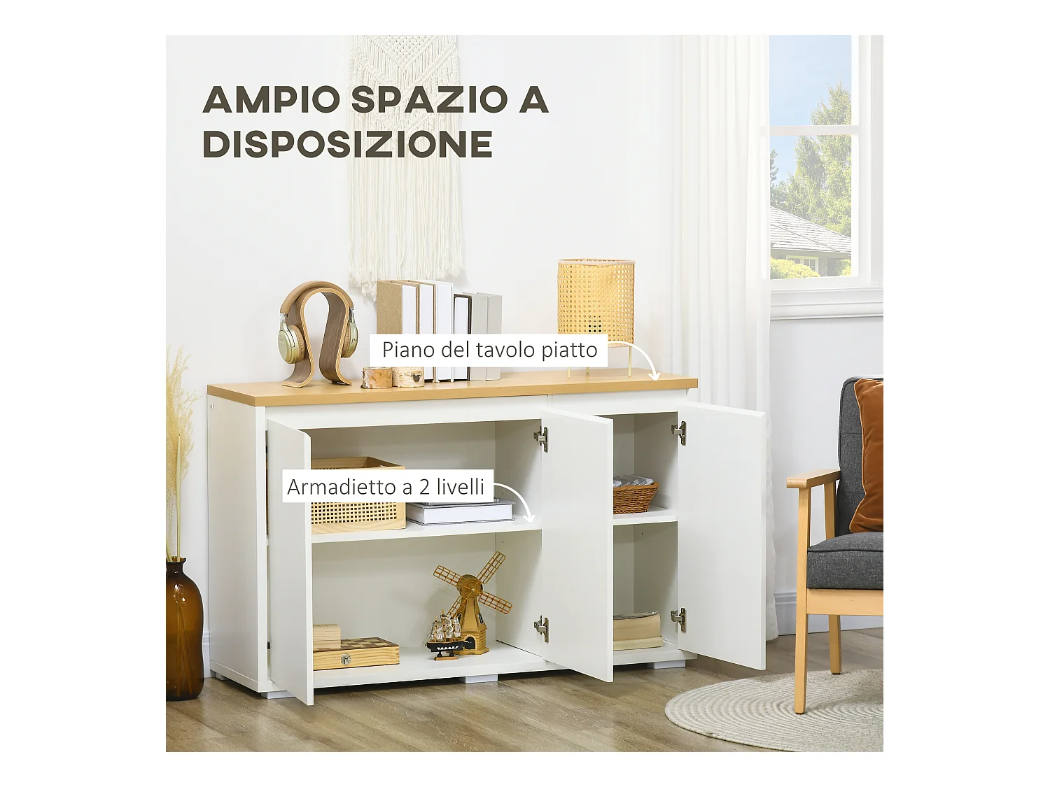 Mobile multifunzionale con 2 armadietti con 3 ante bianco