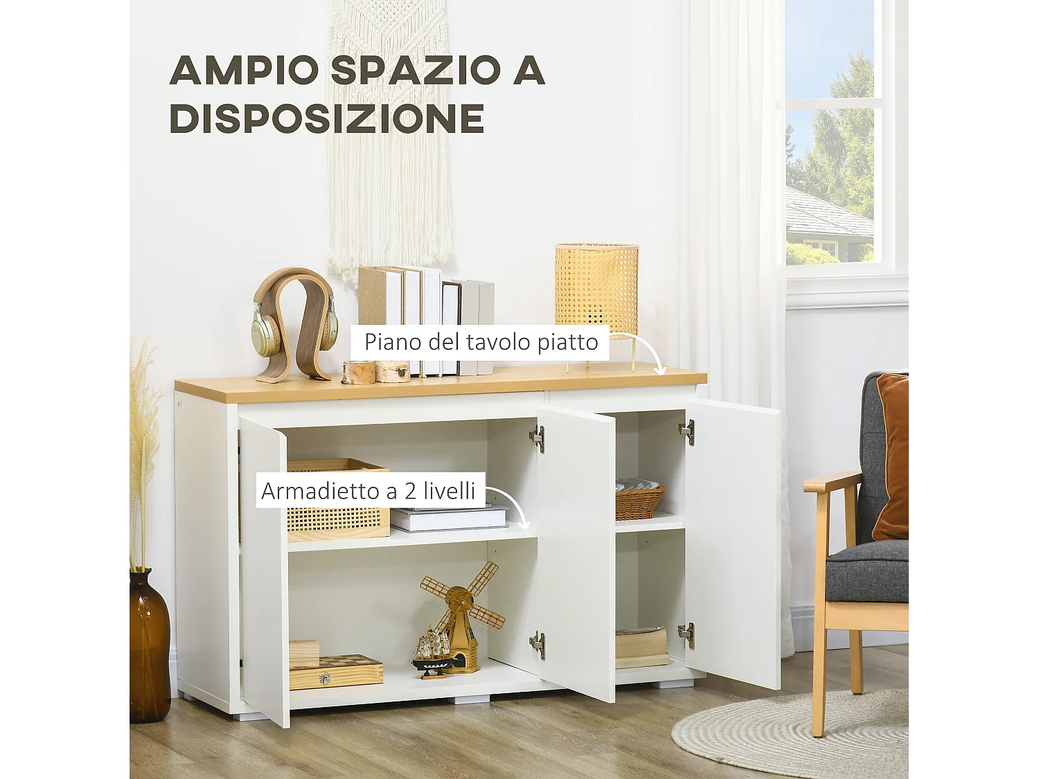 Mobile multifunzionale con 2 armadietti con 3 ante bianco