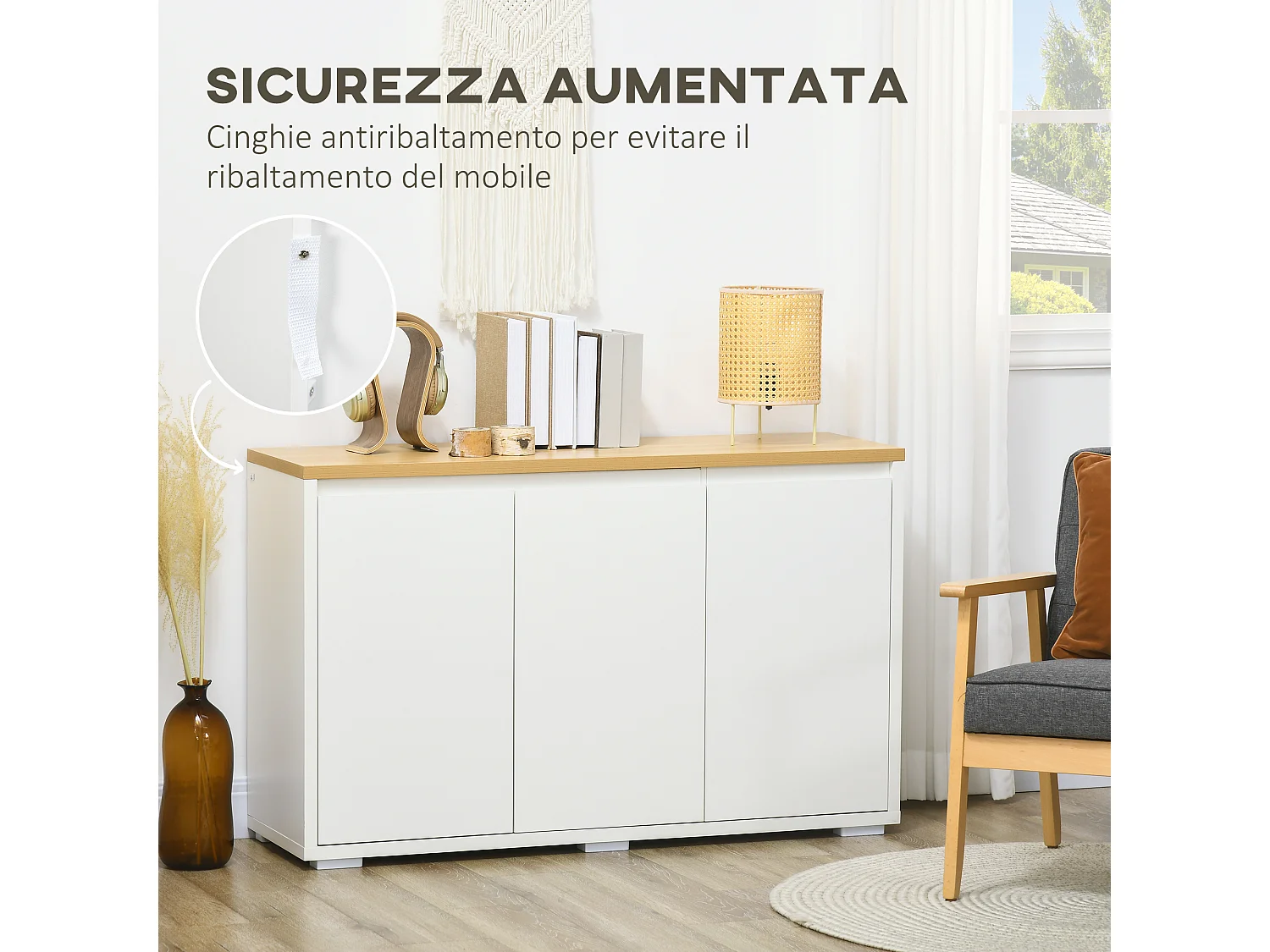 Mobile multifunzionale con 2 armadietti con 3 ante bianco