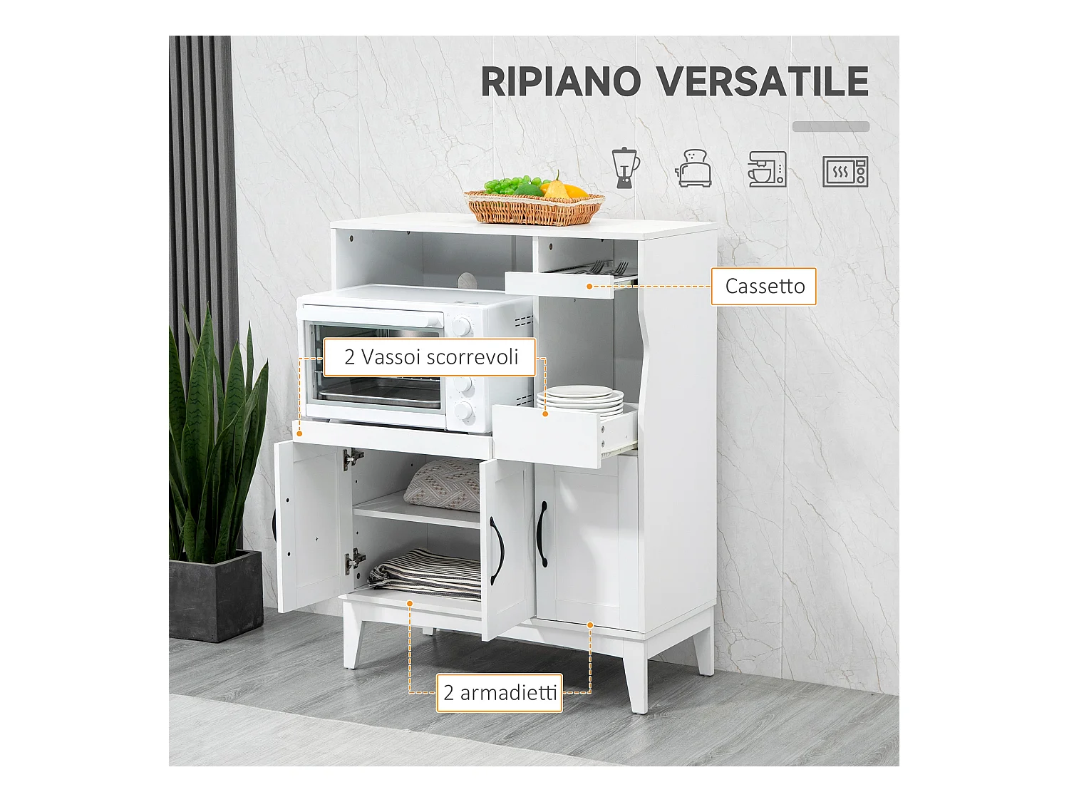 Credenza cucina con 2 armadietti e ripiani estraibili bianco