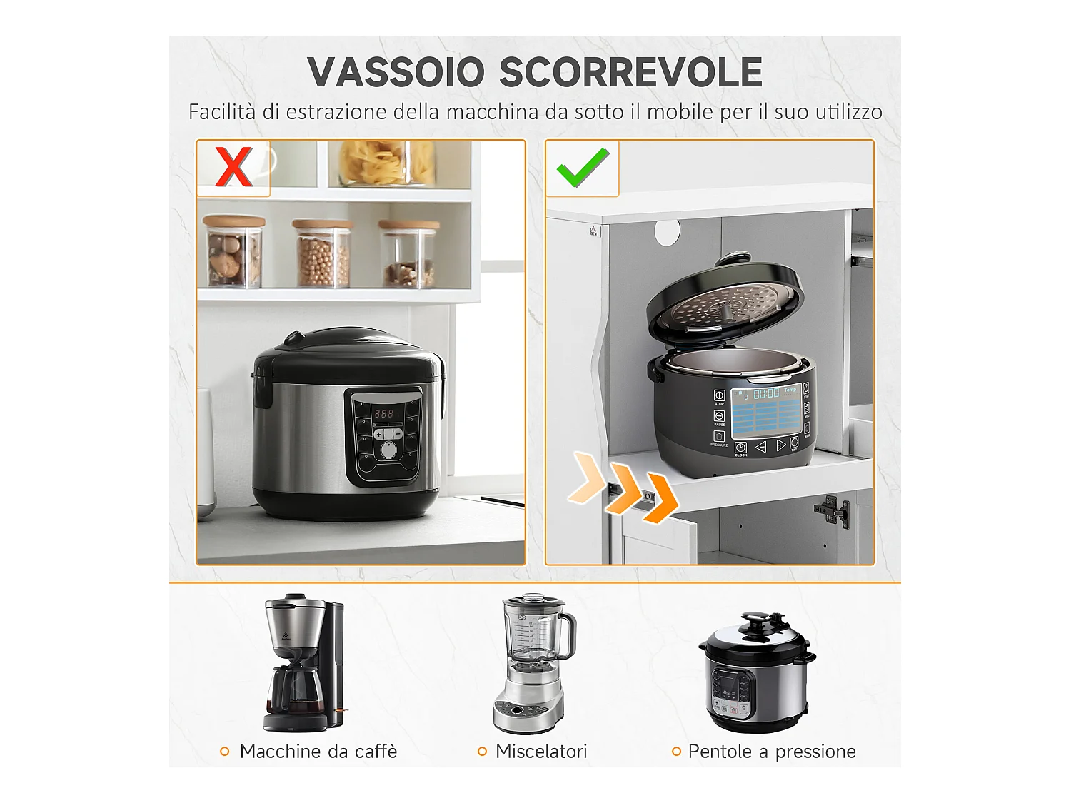 Credenza cucina con 2 armadietti e ripiani estraibili bianco