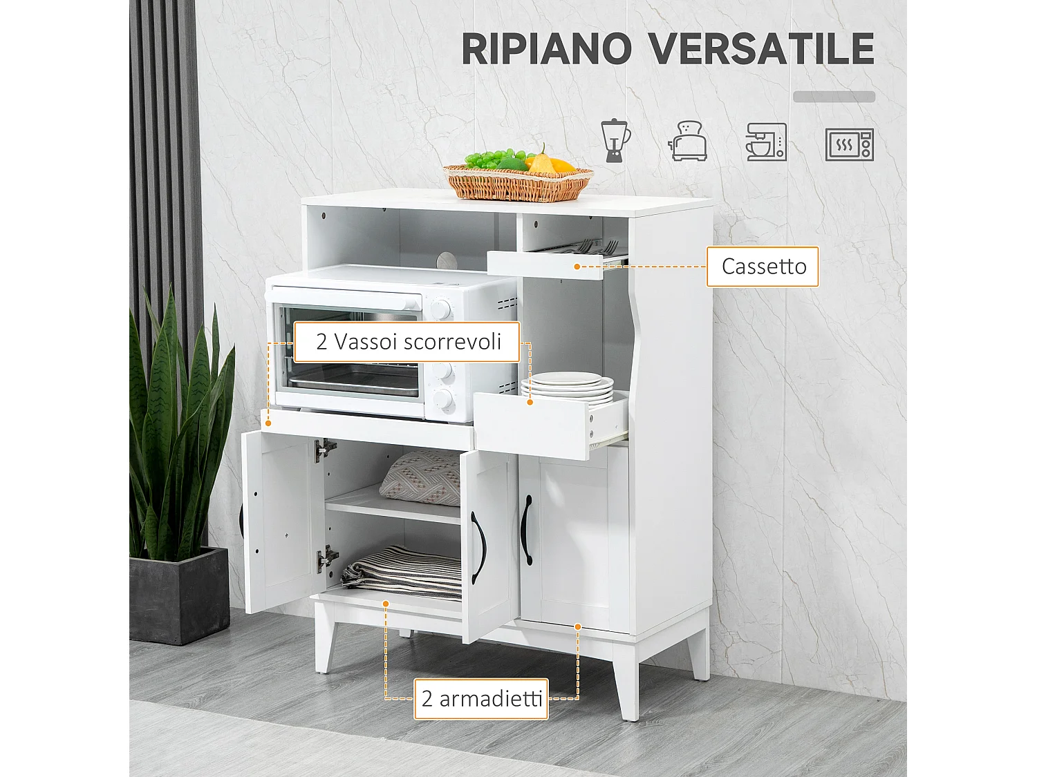 Credenza cucina con 2 armadietti e ripiani estraibili bianco