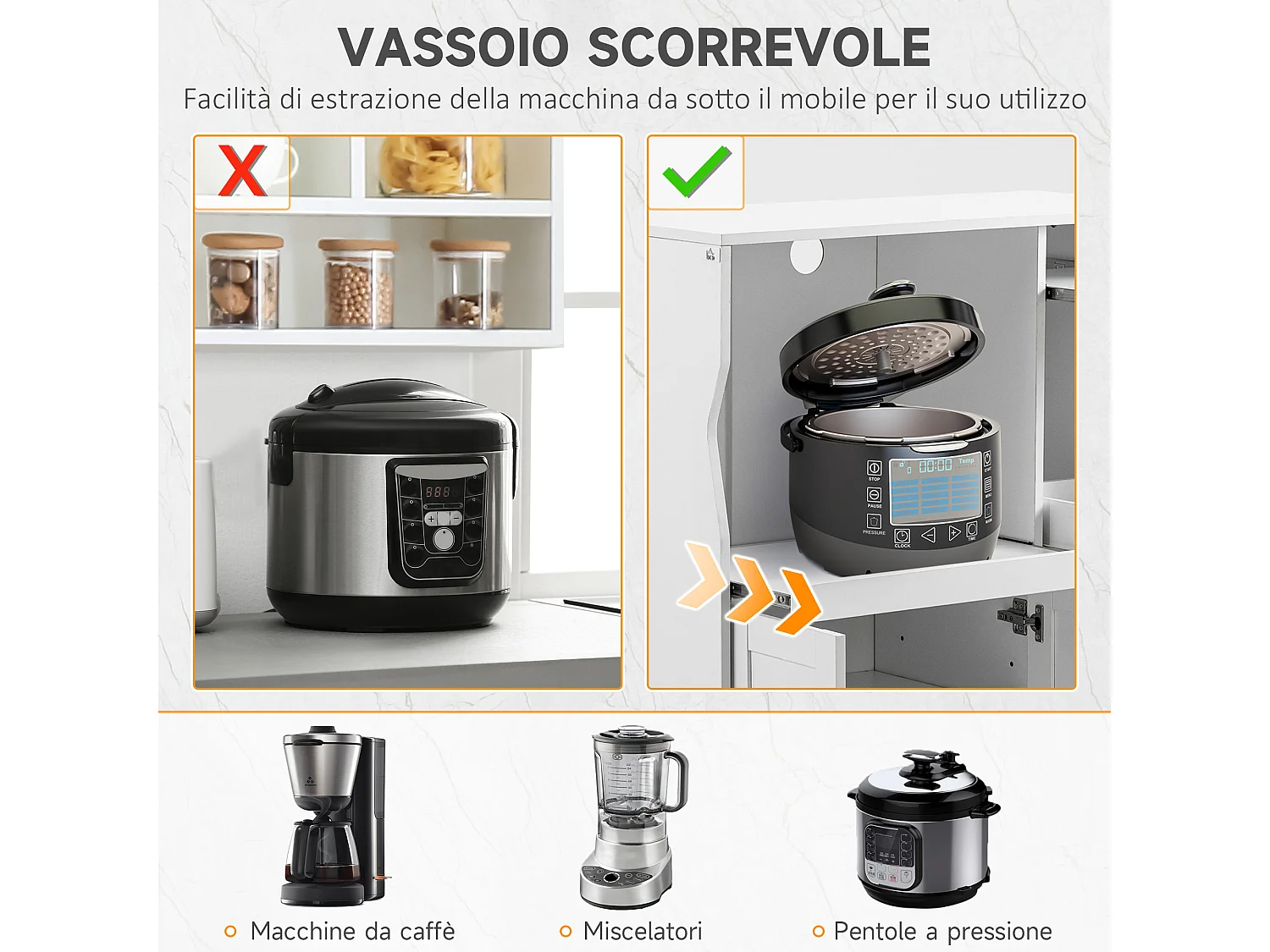 Credenza cucina con 2 armadietti e ripiani estraibili bianco