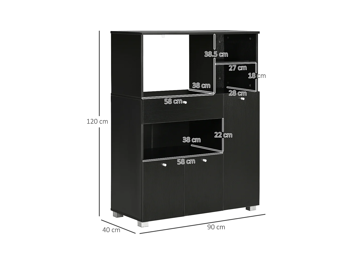 Mobile da cucina per microonde con armadietti, mensole e cassetto nero