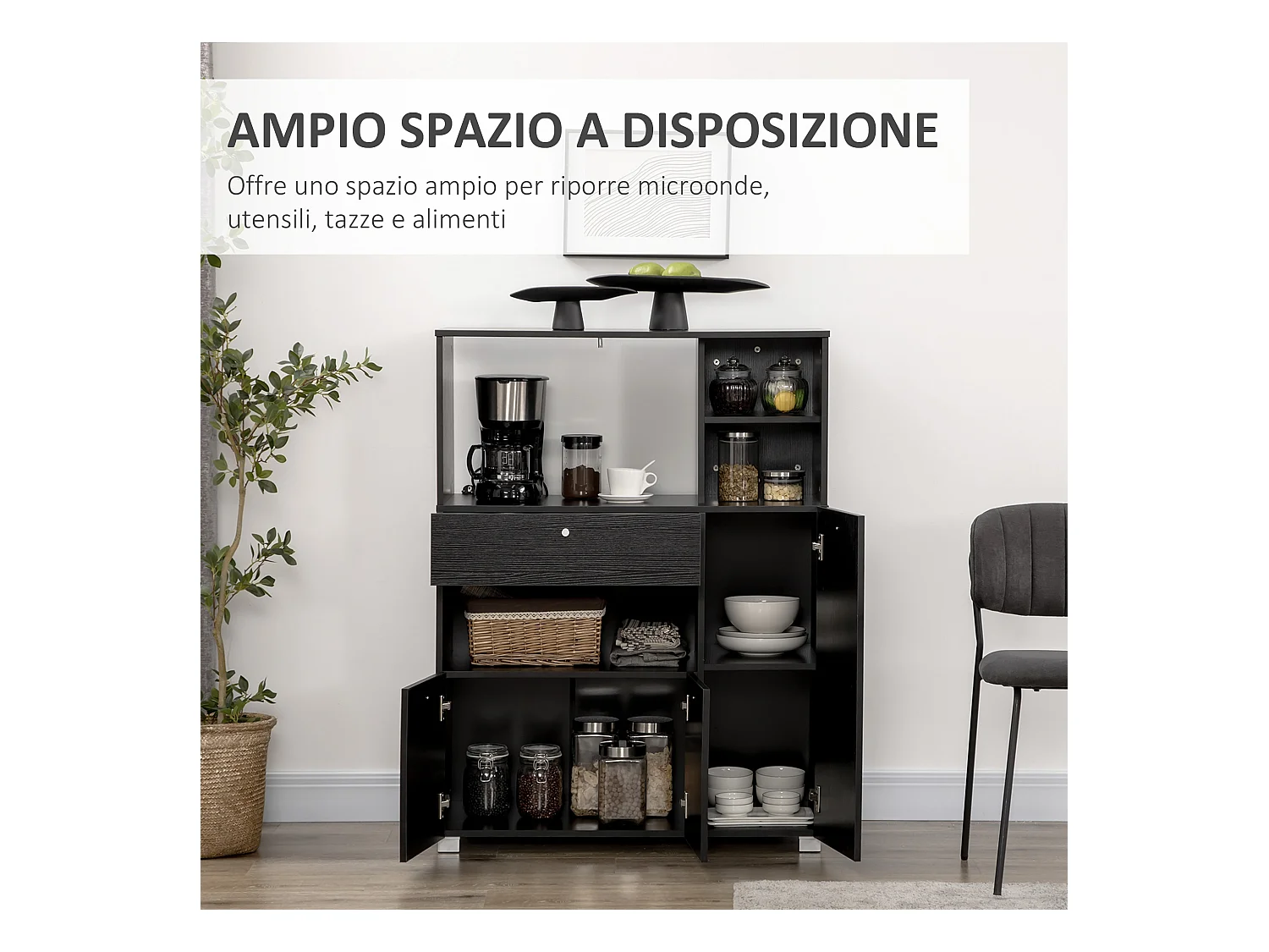 Mobile da cucina per microonde con armadietti, mensole e cassetto nero