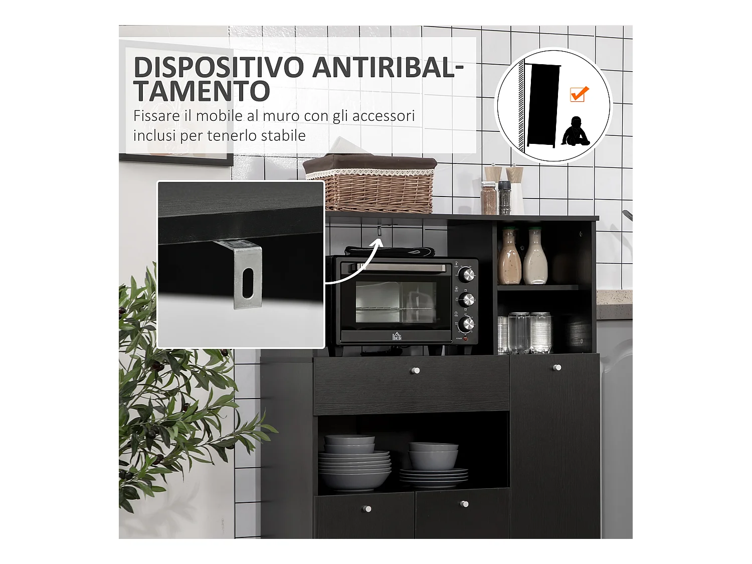 Mobile da cucina per microonde con armadietti, mensole e cassetto nero