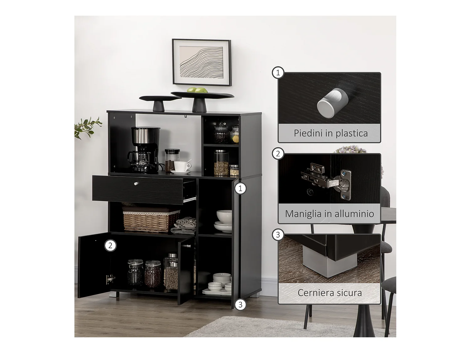 Mobile da cucina per microonde con armadietti, mensole e cassetto nero