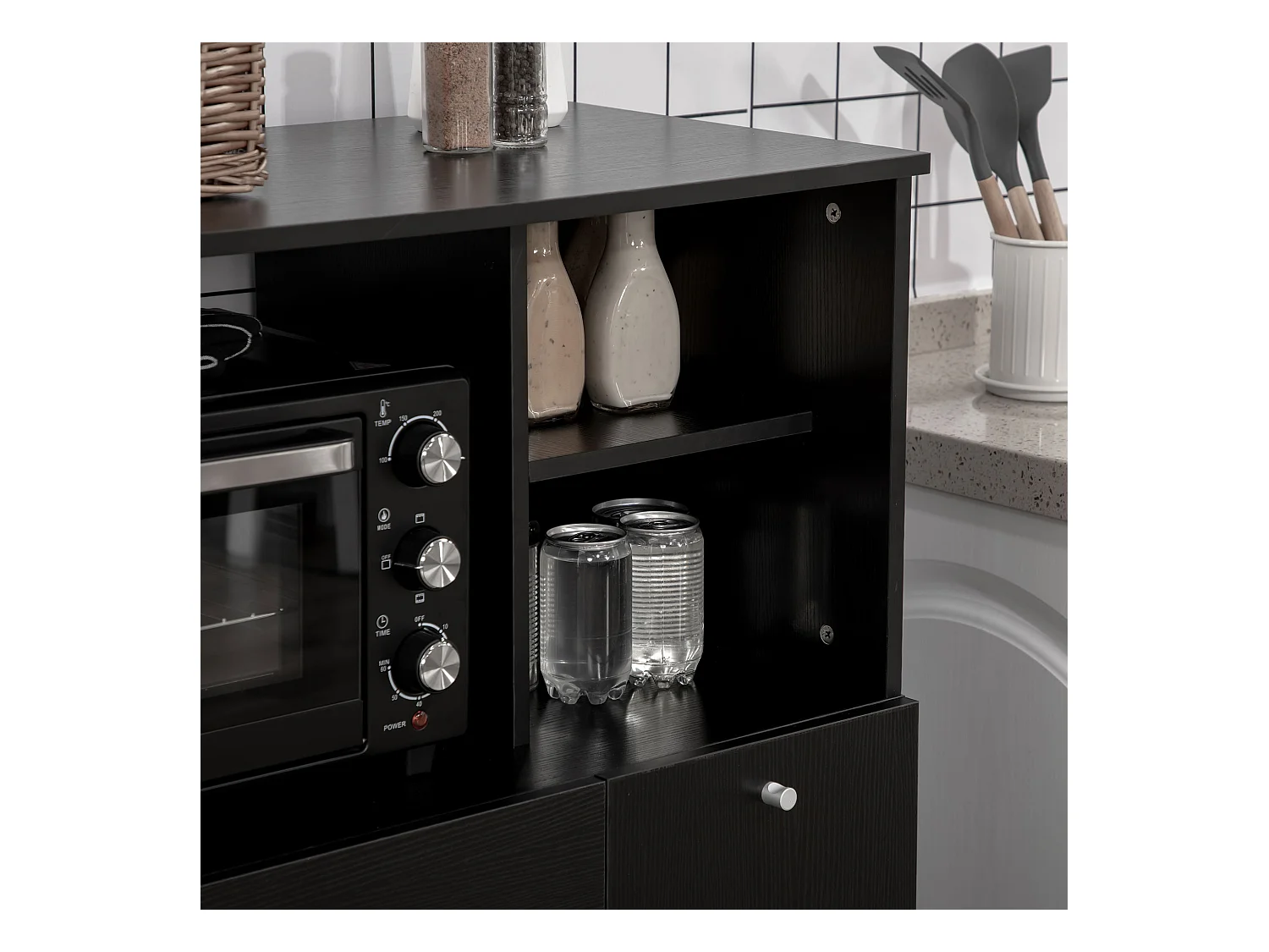 Mobile da cucina per microonde con armadietti, mensole e cassetto nero