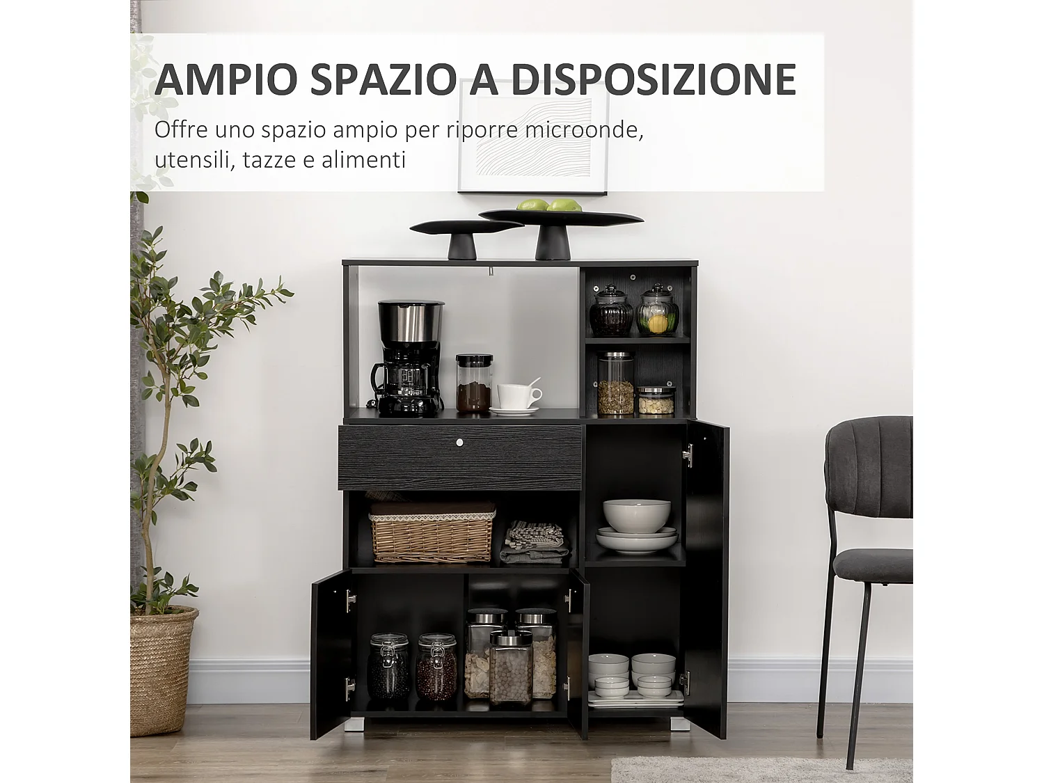 Mobile da cucina per microonde con armadietti, mensole e cassetto nero