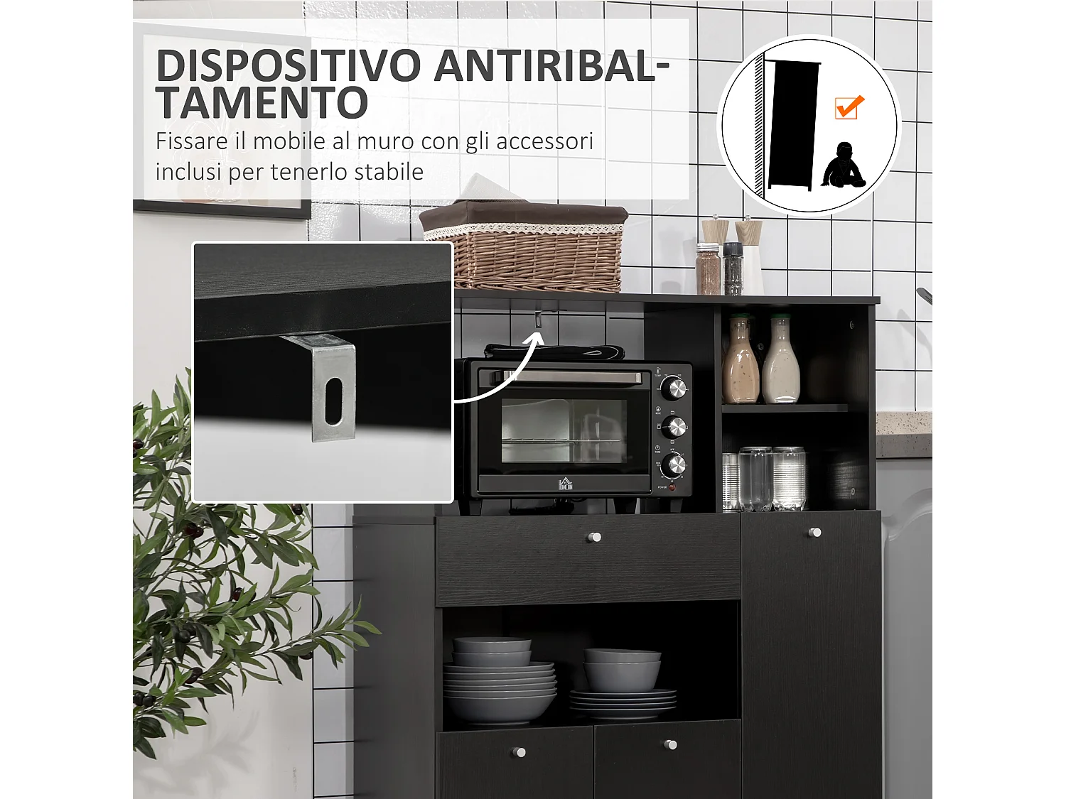 Mobile da cucina per microonde con armadietti, mensole e cassetto nero