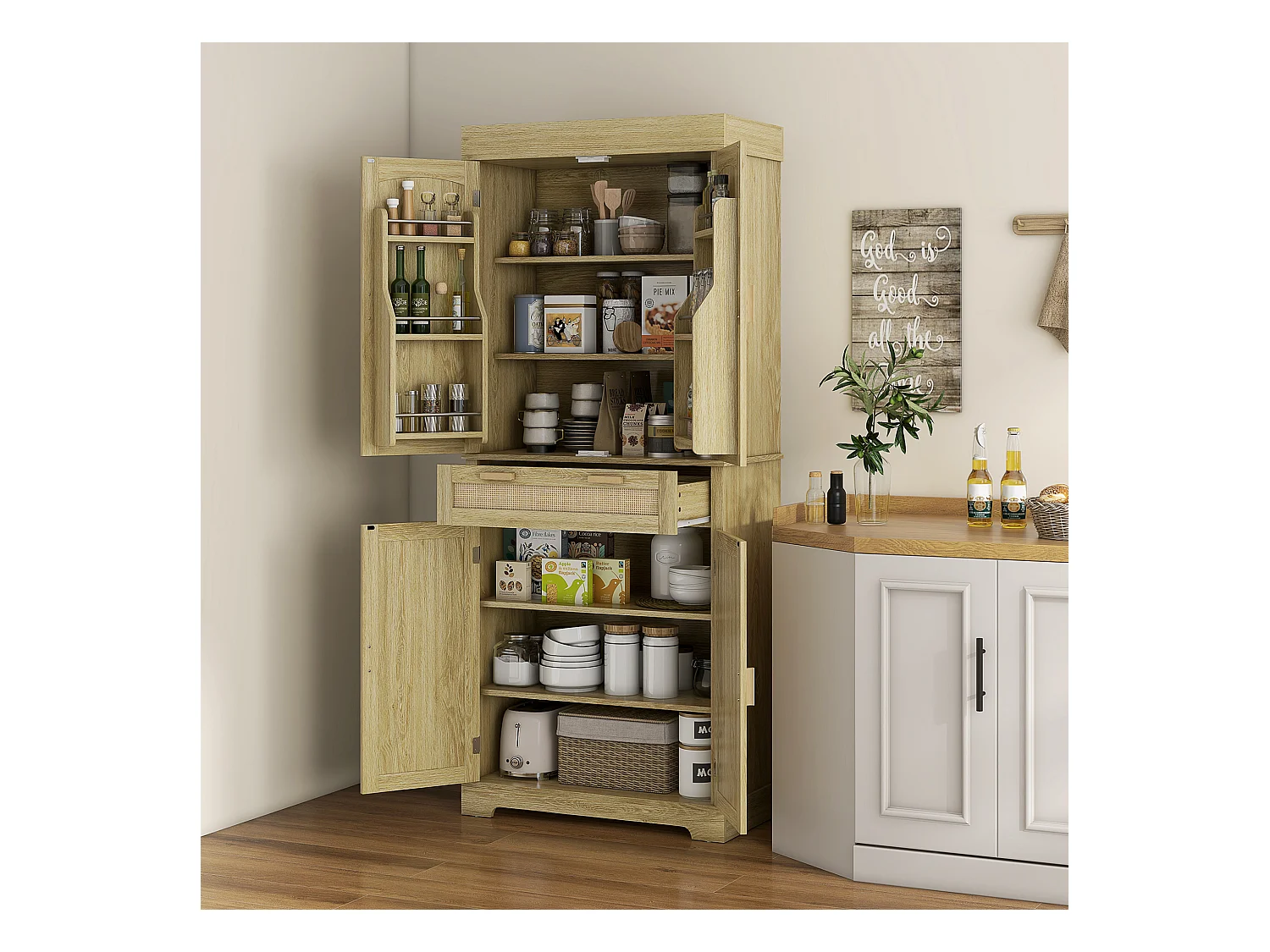 Credenza cucina stile boho con 2 armadietti un cassetto e portaspezie