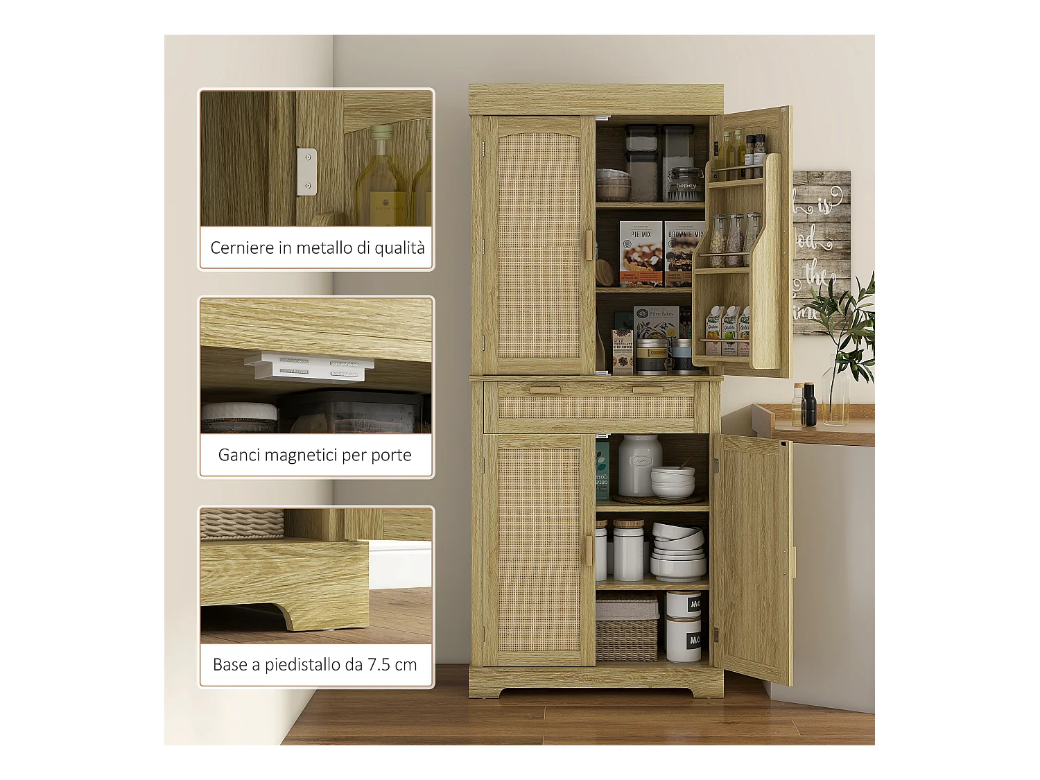 Credenza cucina stile boho con 2 armadietti un cassetto e portaspezie