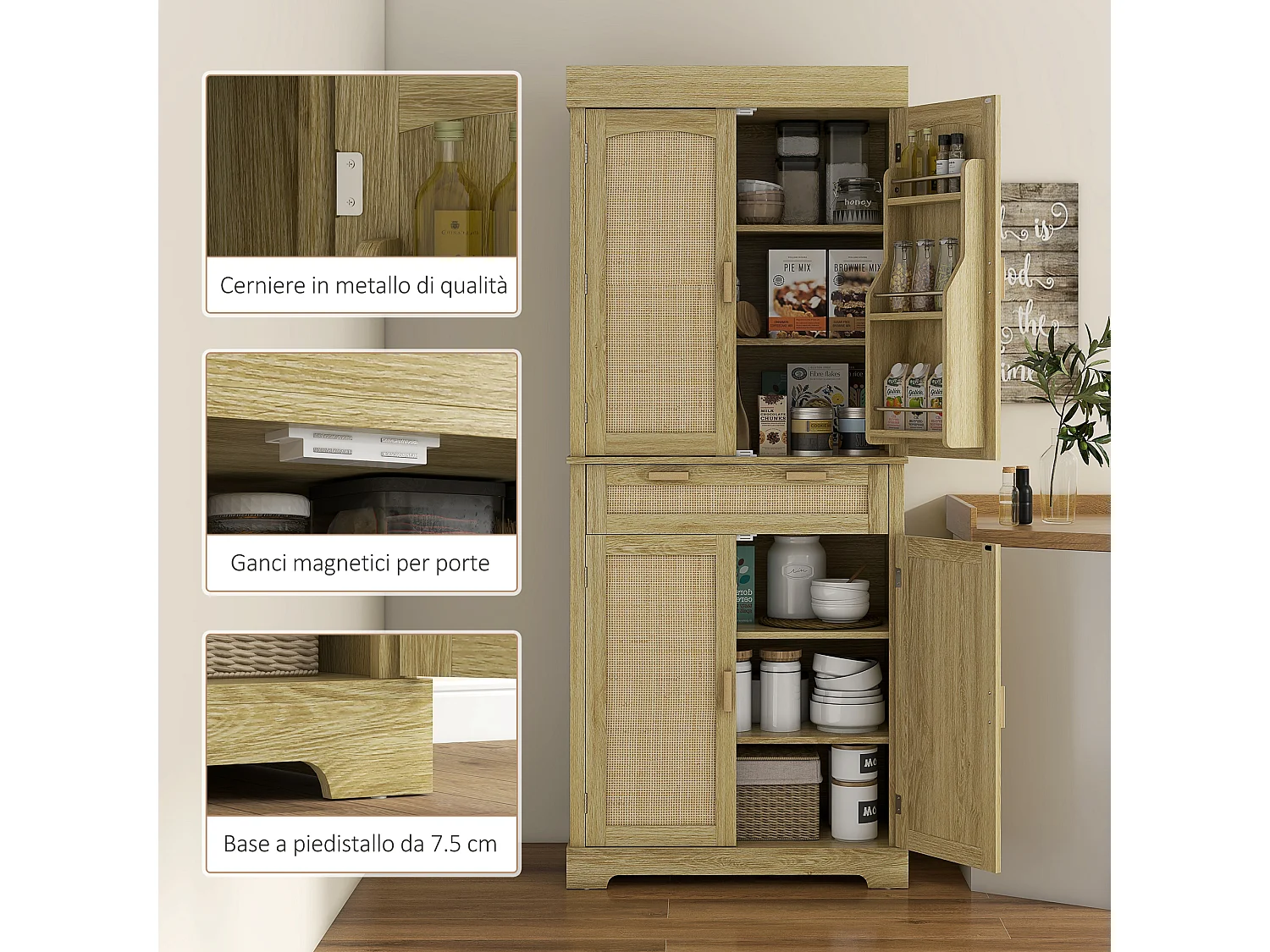 Credenza cucina stile boho con 2 armadietti un cassetto e portaspezie