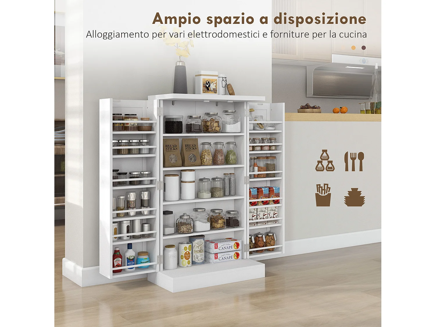 Armadio da cucina con 5 ripiani centrali e 12 ripiani laterali