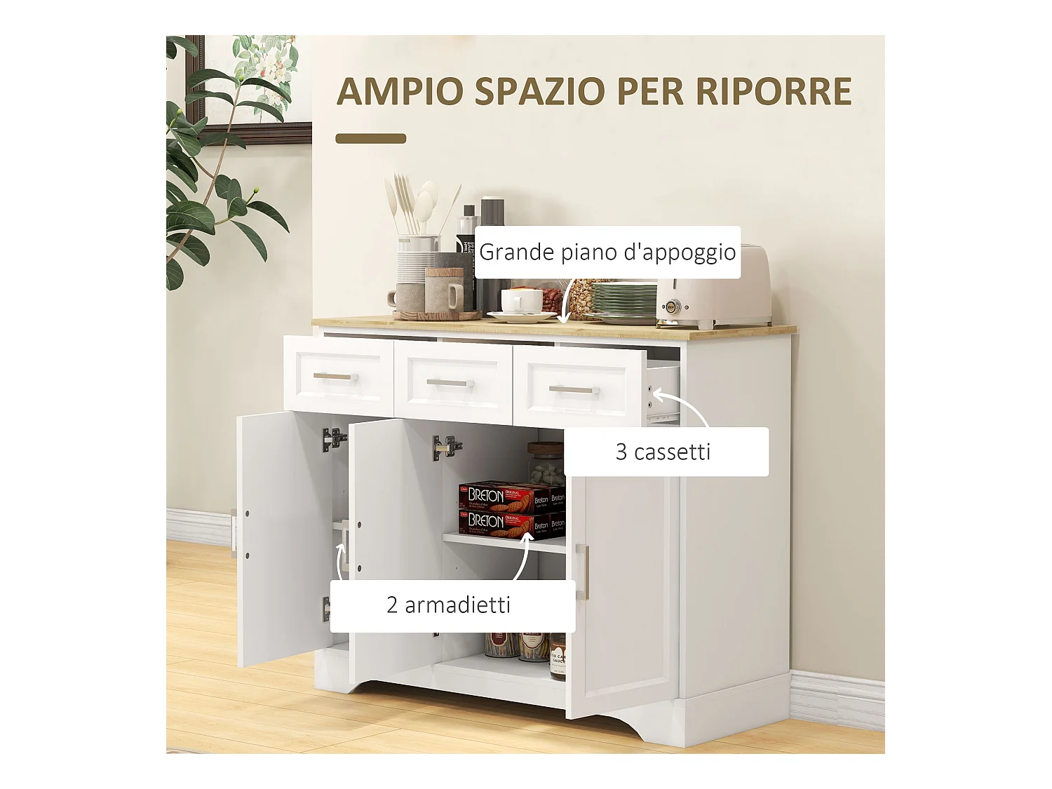 Credenza moderna con ripiano regolabile a 3 cassetti e 3 ante
