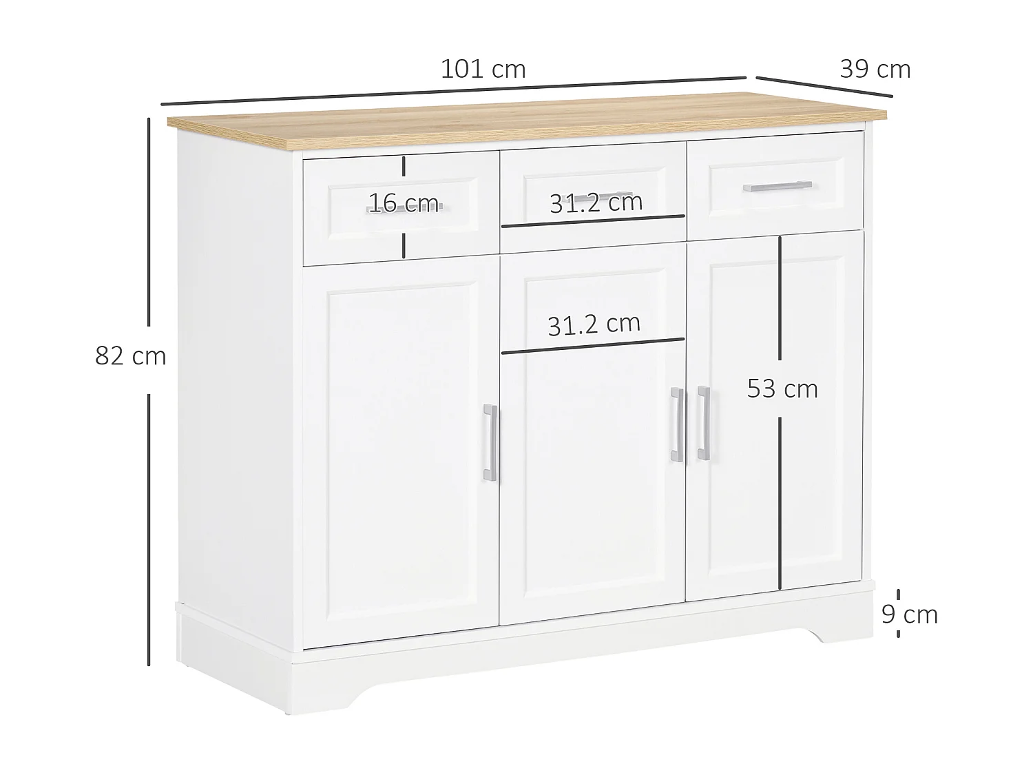 Credenza moderna con ripiano regolabile a 3 cassetti e 3 ante