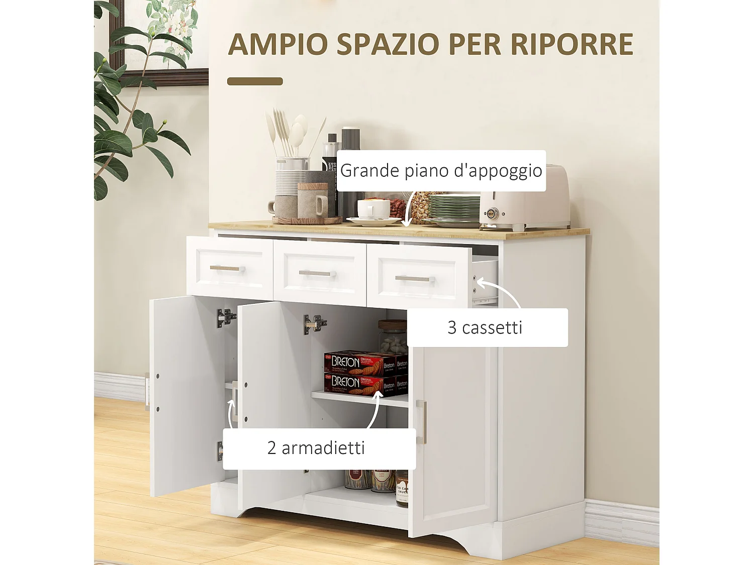 Credenza moderna con ripiano regolabile a 3 cassetti e 3 ante