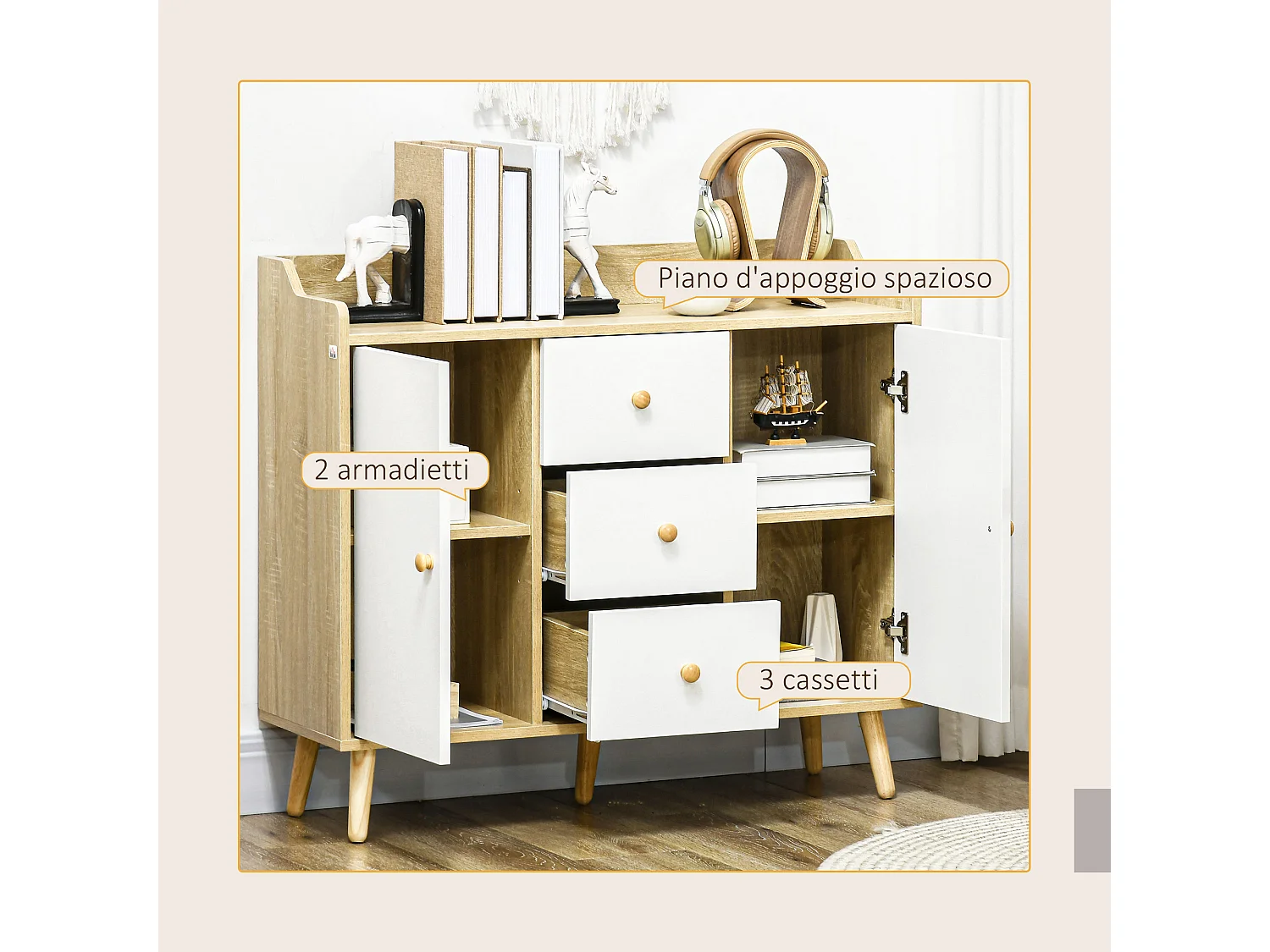 Credenza moderna con 3 cassetti e 2 armadietti a 2 livelli