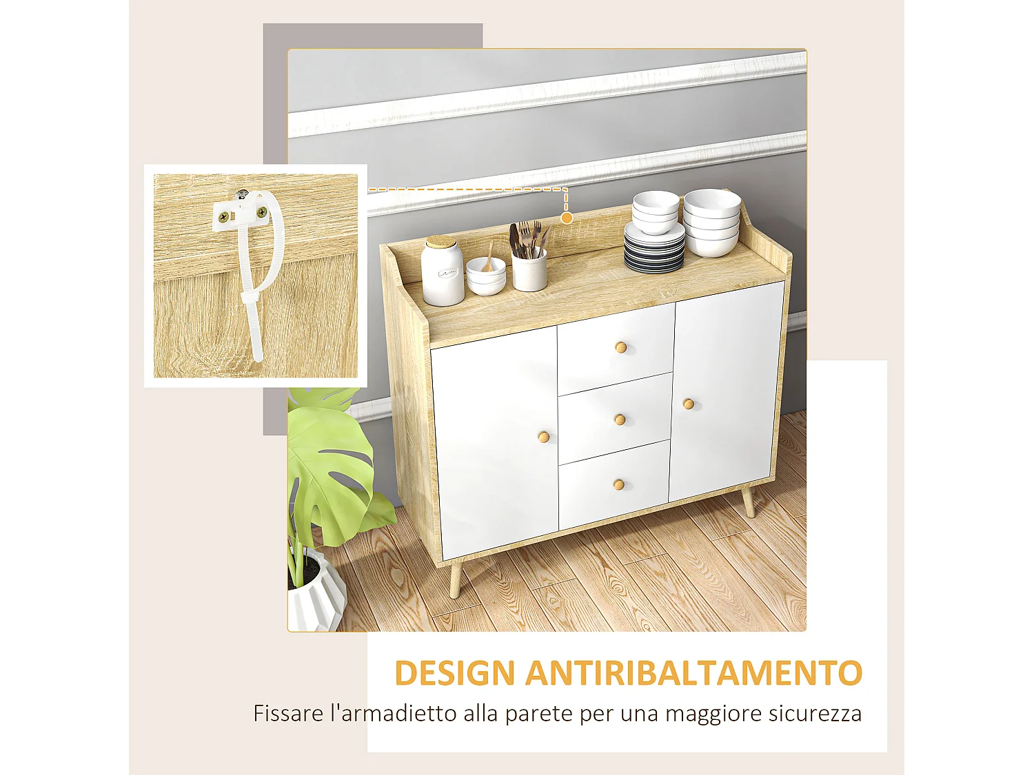 Credenza moderna con 3 cassetti e 2 armadietti a 2 livelli