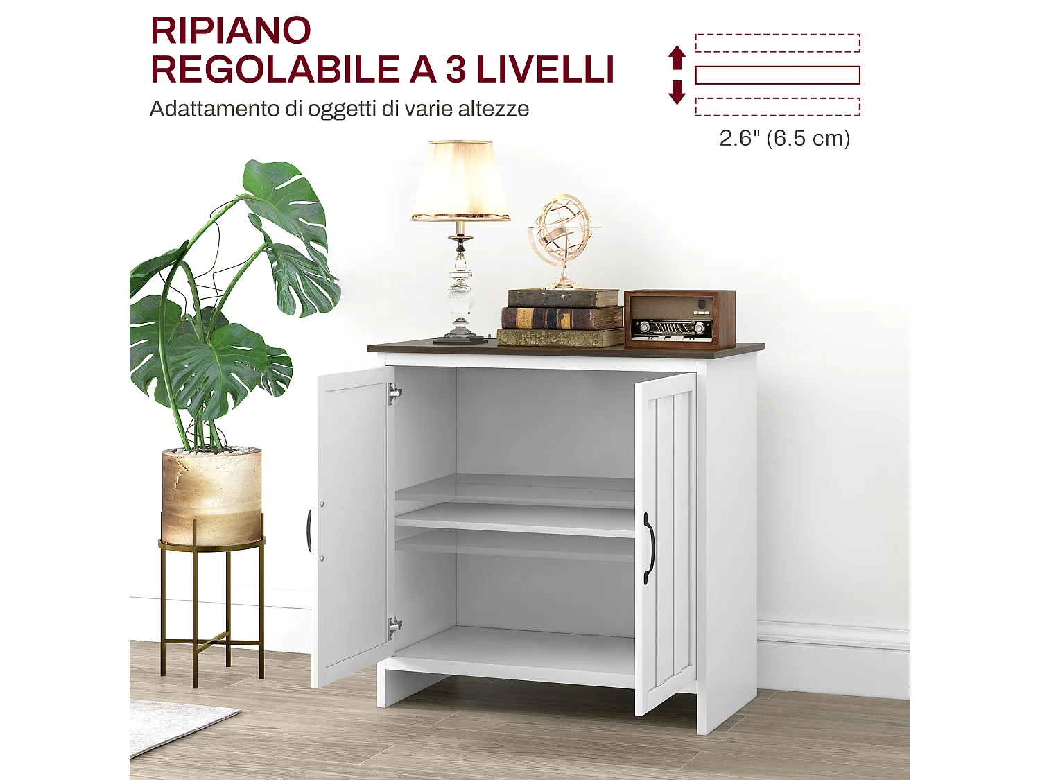 Credenza cucina a 2 ante con ripiano regolabile in legno bianco